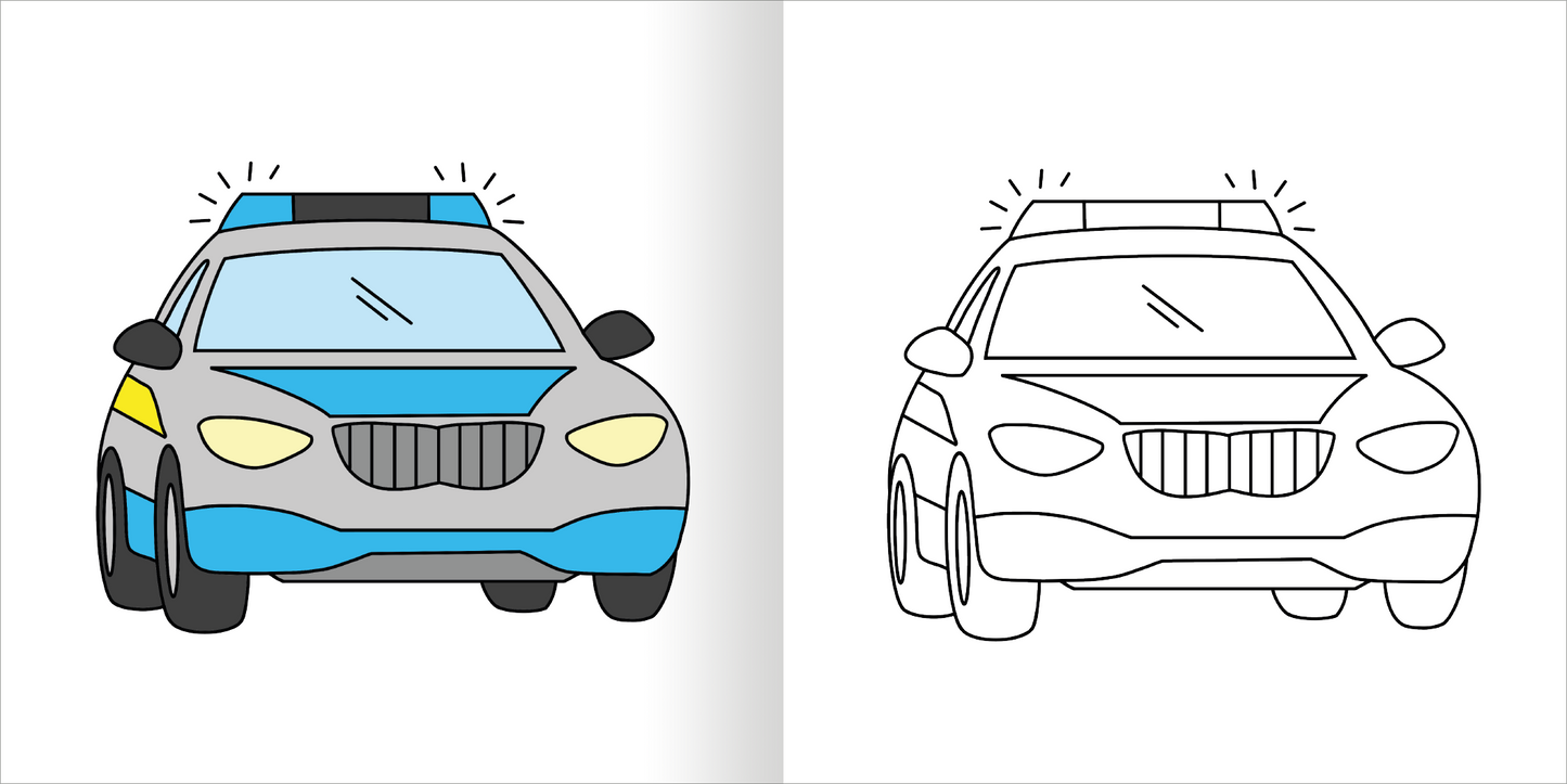 Gezeigt wird eine Innen- oder Zusatzansicht von „Mein erstes dickes Malbuch ab 2 – Polizei & Feuerwehr“. Die Abbildung zeigt ein farbiges Polizeiauto links in Grautönen mit blauen und gelben Akzenten. Rechts daneben befindet sich dasselbe Auto in konturierter, schwarz-weißer Darstellung, bereit zum Ausmalen. Die freundliche, simple Typografie und die klaren Linien sprechen die Zielgruppe an und laden zur kreativen Betätigung ein.