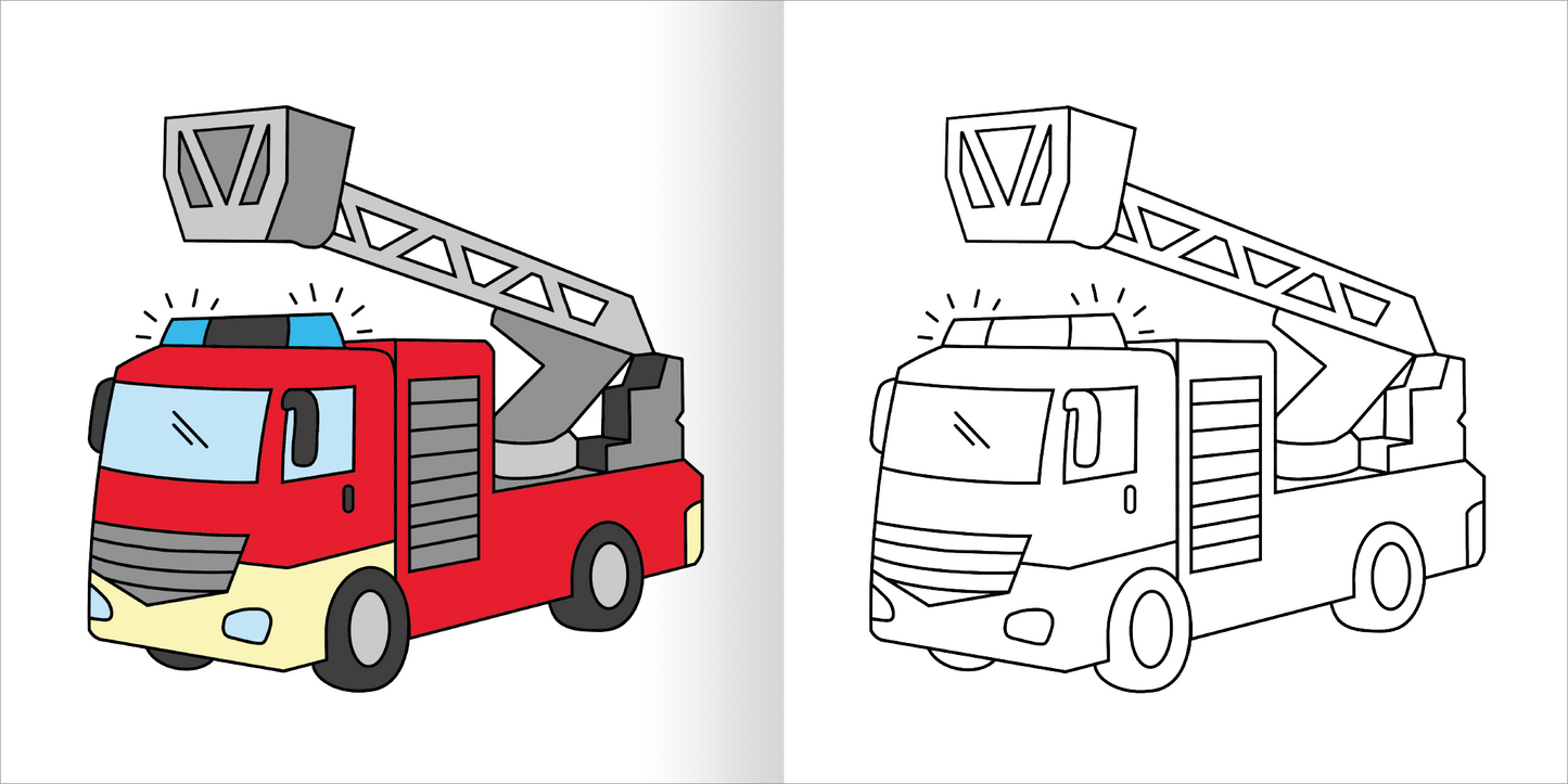 Gezeigt wird eine Innen- oder Zusatzansicht von „Mein erstes dickes Malbuch ab 2 – Polizei & Feuerwehr“. Die Abbildung zeigt links ein buntes Feuerwehrfahrzeug in lebhaftem Rot mit einem grauen Löscharm und blauen Lichtern. Rechts ist dieselbe Zeichnung in Schwarz-Weiß zum Ausmalen abgebildet. Die klaren Linien und einfachen Formen sind kindgerecht gestaltet und laden zum kreativen Ausmalen ein. Das Layout fördert das Verständnis und die Freude am Thema Feuerwehr.