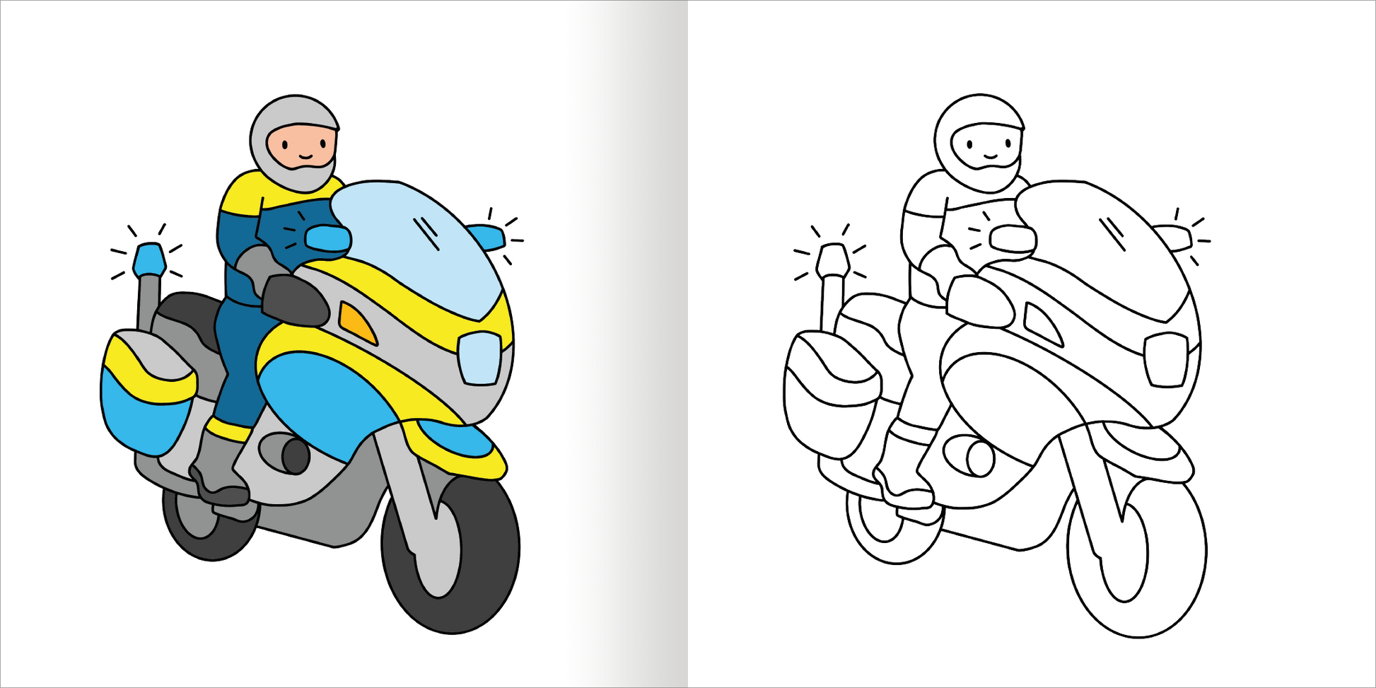 Gezeigt wird eine Innen- oder Zusatzansicht von „Mein erstes dickes Malbuch ab 2 – Polizei & Feuerwehr“. Links ist ein bunter Motorradpolizist auf einem blauen und gelben Motorrad abgebildet, umgeben von leuchtenden Blaulicht-Elementen. Rechts befindet sich dieselbe Figur in einer schwarz-weißen Umrisszeichnung, die zum Ausmalen einlädt. Die klare, kindgerechte Typografie und die verspielten Farben schaffen eine ansprechende und einladende Atmosphäre für Kinder.