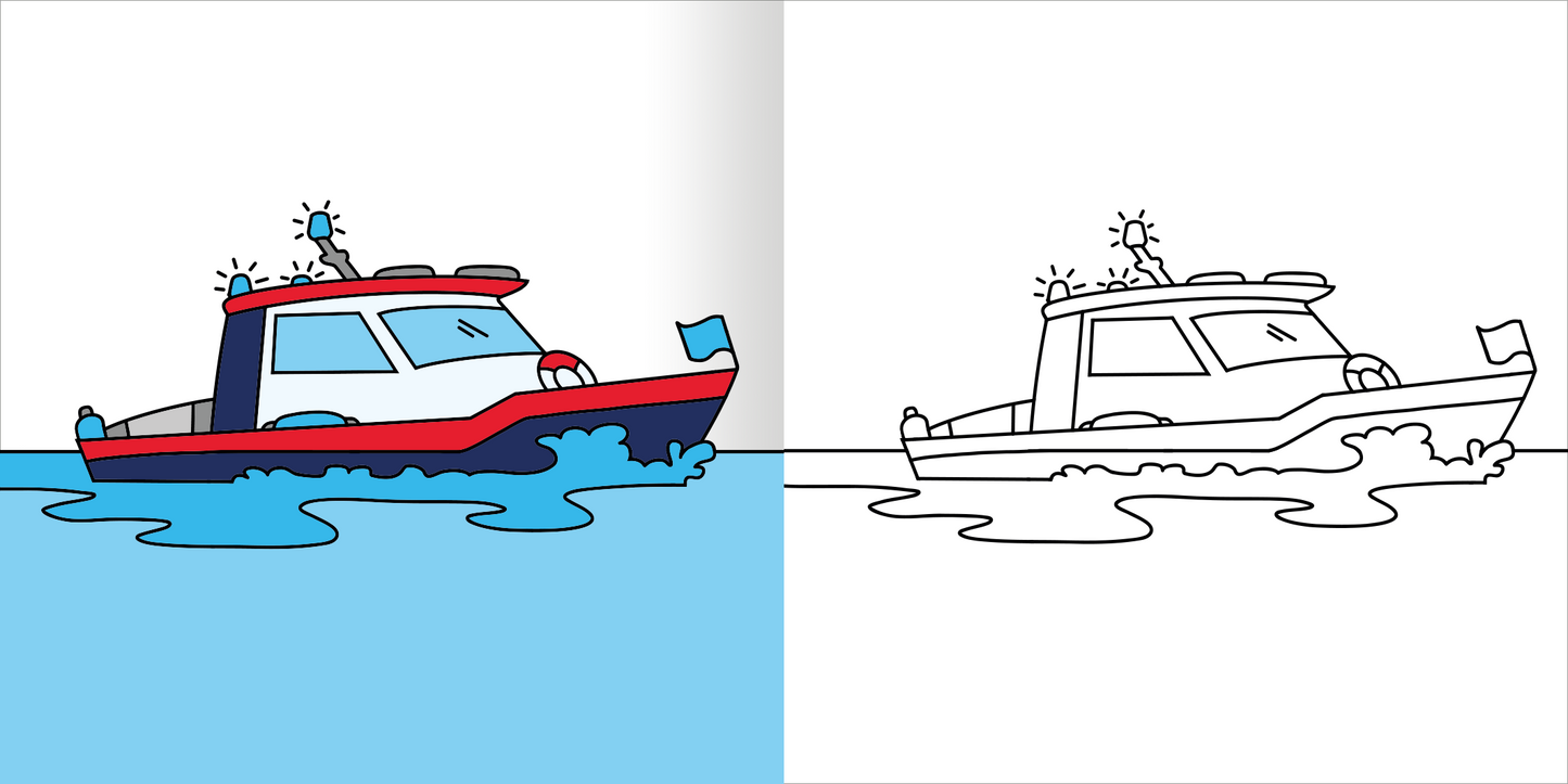 Gezeigt wird eine Innen- oder Zusatzansicht von „Mein erstes dickes Malbuch ab 2 – Polizei & Feuerwehr“. Auf der linken Seite ist ein farbiges Bild eines blau-rot gestalteten Polizeibootes auf einer hellblauen Wasseroberfläche abgebildet. Das Boot hat ein rotes Licht und eine blaue Fahne. Auf der rechten Seite ist die schwarz-weiße Umrisszeichnung desselben Bootes zu sehen, die zum Ausmalen einlädt. Der Hintergrund bleibt rein weiß.