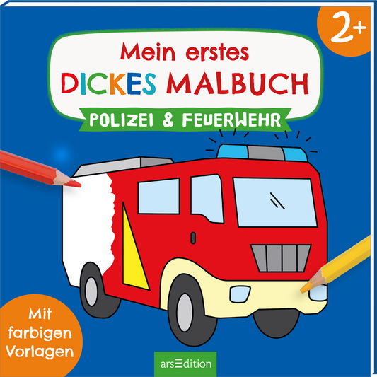 Das Buchcover zeigt einen bunten Hintergrund in Blau. In der Mitte befindet sich ein rotes Feuerwehrauto mit einem weißen Seitenstreifen. Darunter steht in fröhlichen Buchstaben „Mein erstes DICKES MALBUCH“ in einer Kombination aus blauen und roten Schriftzügen. Darauf folgt der Titel „POLIZEI & FEUERWEHR“ in Grün. In der oberen rechten Ecke ist ein orangefarbener Kreis mit der Zahl „2+“. Ganz unten mittig steht der Logoschriftzug von arsEdition.