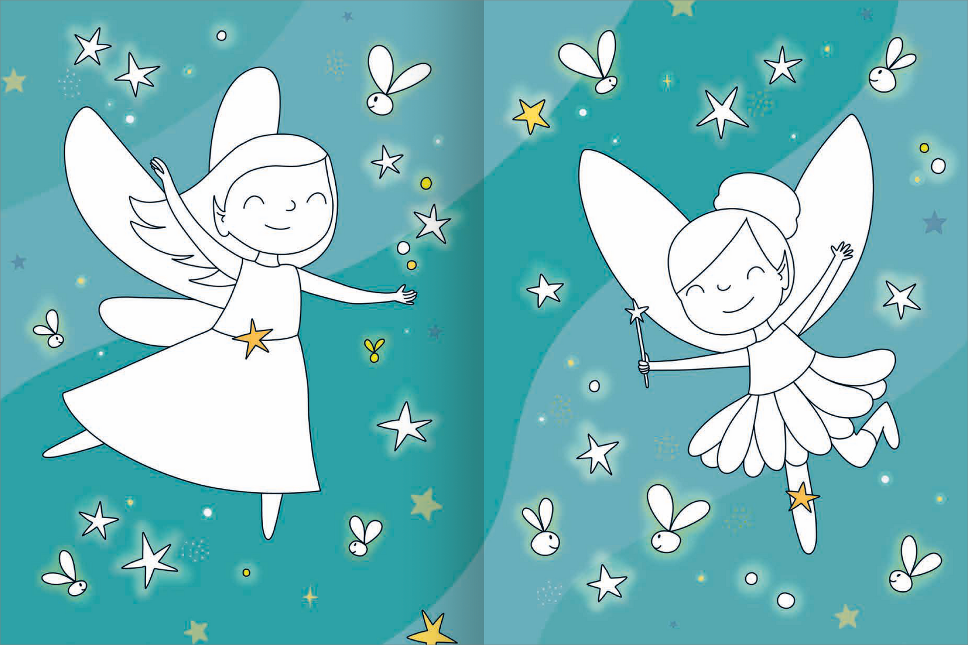 Gezeigt wird eine Innen- oder Zusatzansicht von „Mein großes buntes Malbuch – Feen“. Die Seite zeigt zwei fröhliche Feen, die in einem sanften, aquamarinfarbenen Hintergrund schweben. Um sie herum sind zahlreiche kleine Sterne und Schmetterlinge verteilt. Die Feen sind skizzenhaft in Schwarz-Weiß gehalten, mit lächelnden Gesichtern und lebenvollen Posen. Die Schrift ist verspielt und einladend gestaltet, passend zum magischen Thema des Malbuchs.