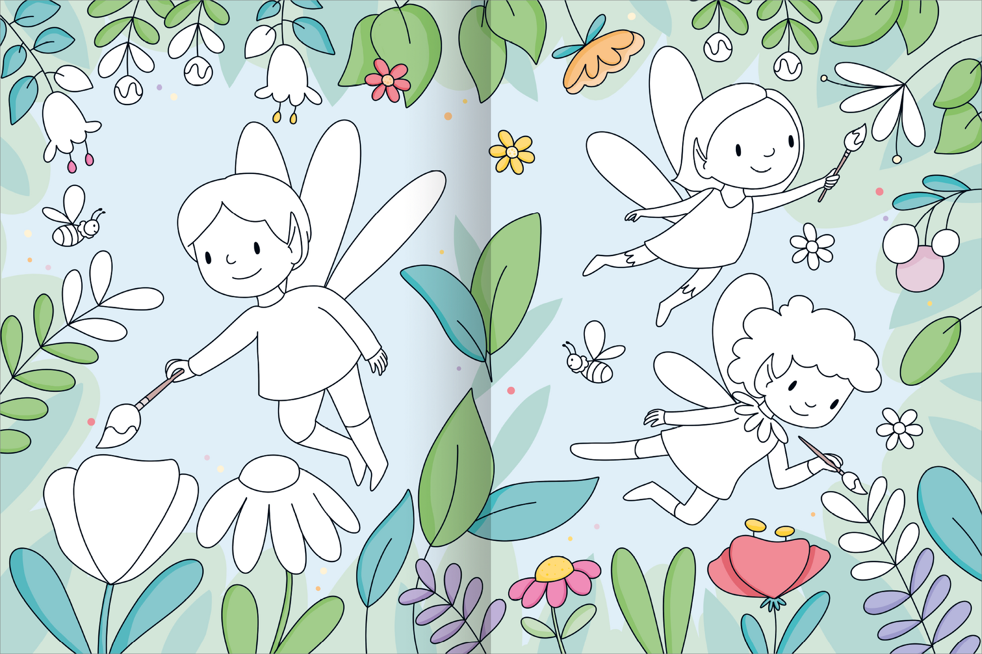 Gezeigt wird eine Innen- oder Zusatzansicht von „Mein großes buntes Malbuch – Feen“. Das Bild zeigt zwei fröhliche Feen, die in einer bunten, naturbelassenen Umgebung fliegen. Die Hintergrundfarbe ist ein sanftes Blau, umgeben von verschiedenen Pflanzen und bunten Blumen. Die Szenen sind skizzenhaft und einladend gestaltet, mit geschwungenen Linien und verspielter Typografie, die einen kreativen und fantasievollen Eindruck vermitteln.