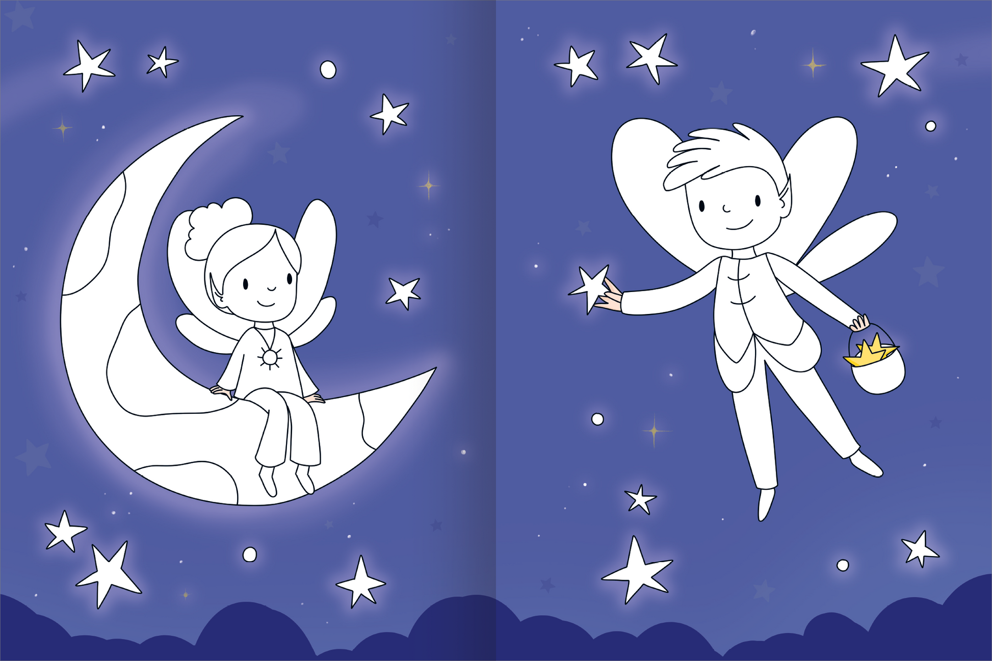 Gezeigt wird eine Innen- oder Zusatzansicht von „Mein großes buntes Malbuch – Feen“. Die Abbildung zeigt zwei fantasievolle Feen vor einem tiefblauen Nachthimmel. Links sitzt eine Fee auf einem Halbmond, während rechts die zweite Fee mit einem Stern in der Hand zu sehen ist. Umgeben sind sie von funkelnden Sternen. Die Illustrationen sind einfach gehalten, mit klaren Linien und einem verspielten Design, das Kinder zum Ausmalen anregt.