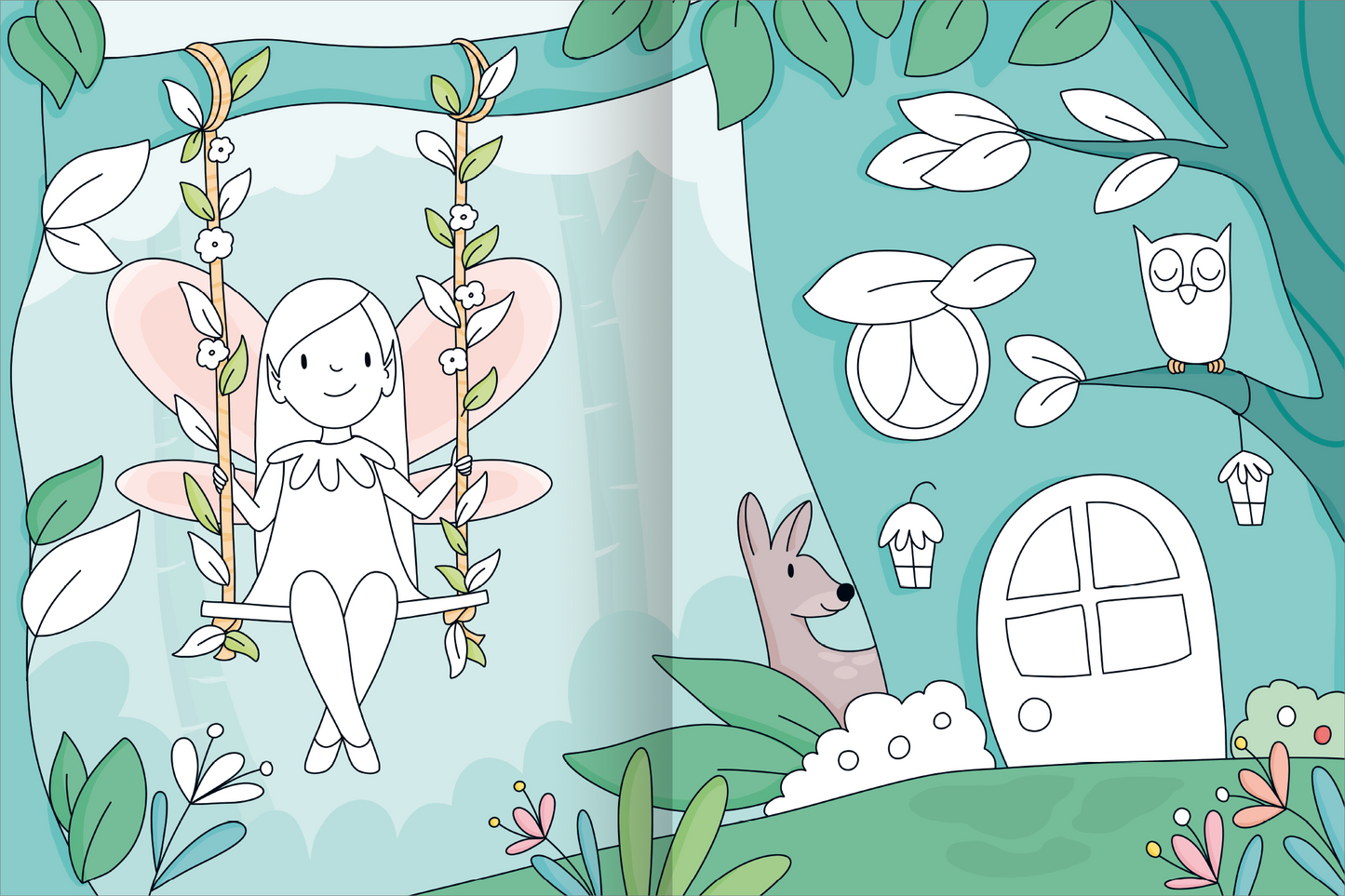 Gezeigt wird eine Innen- oder Zusatzansicht von „Mein großes buntes Malbuch – Feen“. Die Illustration zeigt eine fröhliche Fee auf einer Schaukel vor einem stilisierten Baum. Die Farben sind sanft, mit dominanten Pastelltönen in Blau und Rosa. Neben der Fee sind ein niedlicher Hase und eine Eule zu sehen, die die Szenerie beleben. Die Schrift ist kinderfreundlich und klar, was die kinderliche Fantasie anspricht. Umgebende Blätter und Blumen rahmen die Szene harmonisch ein.