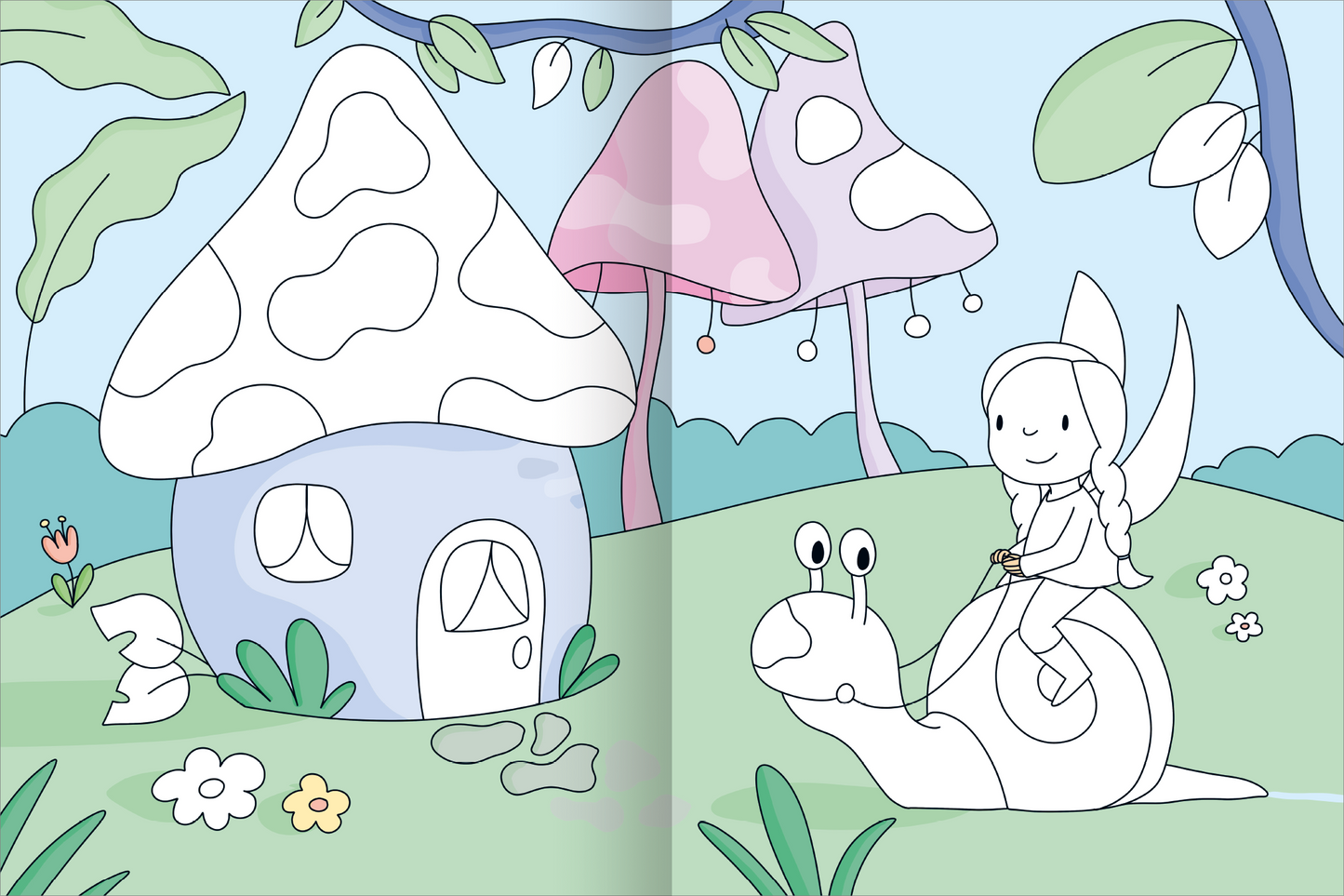 Gezeigt wird eine Innen- oder Zusatzansicht von „Mein großes buntes Malbuch – Feen“. Die Illustration zeigt eine zauberhafte Szene mit einem blauen Häuschen und großen, pastellfarbenen Pilzen. Ein kleines Mädchen mit feinen Flügeln reitet auf einem freundlichen Schneckenfreund. Die sanften Farben und klaren Linien schaffen eine einladende und fantasievolle Atmosphäre. Blumen und Blätter ergänzen den bunten, märchenhaften Hintergrund.