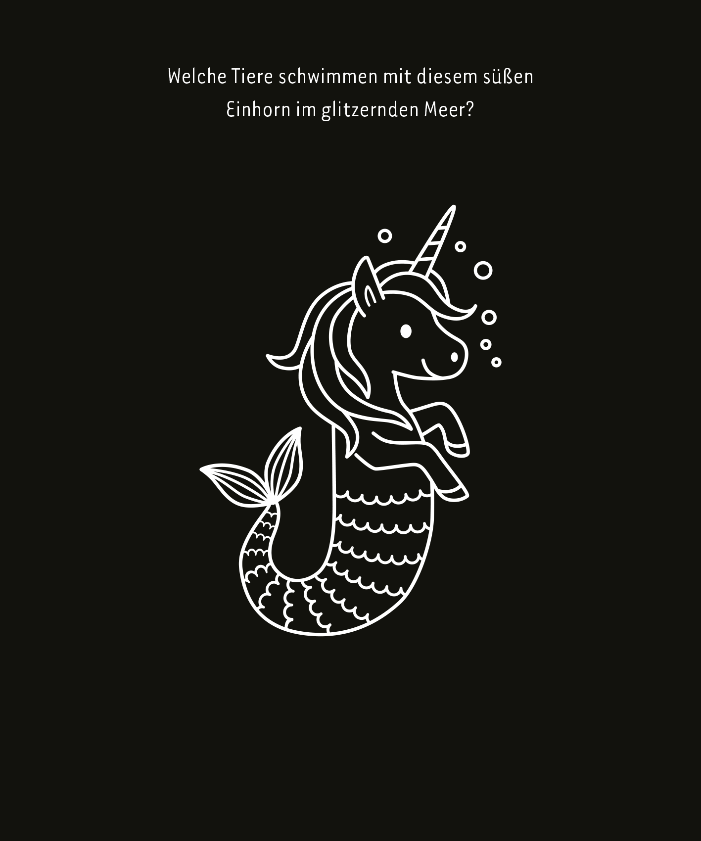 Gezeigt wird eine Innen- oder Zusatzansicht von „Mein leuchtendes Einhorn-Kritzkratz-Buch“. Die Illustration zeigt ein süßes Einhorn mit einer Fischhälfte auf einem dunklen Hintergrund. Das Einhorn hat eine große Mähne, die wellenförmig verläuft, und trägt ein Horn. Darüber steht in sanfter, weißer Schrift die Frage: „Welche Tiere schwimmen mit diesem süßen Einhorn im glitzernden Meer?“ Die Kombination aus hellen Illustrationen und dunklem Hintergrund schafft einen...