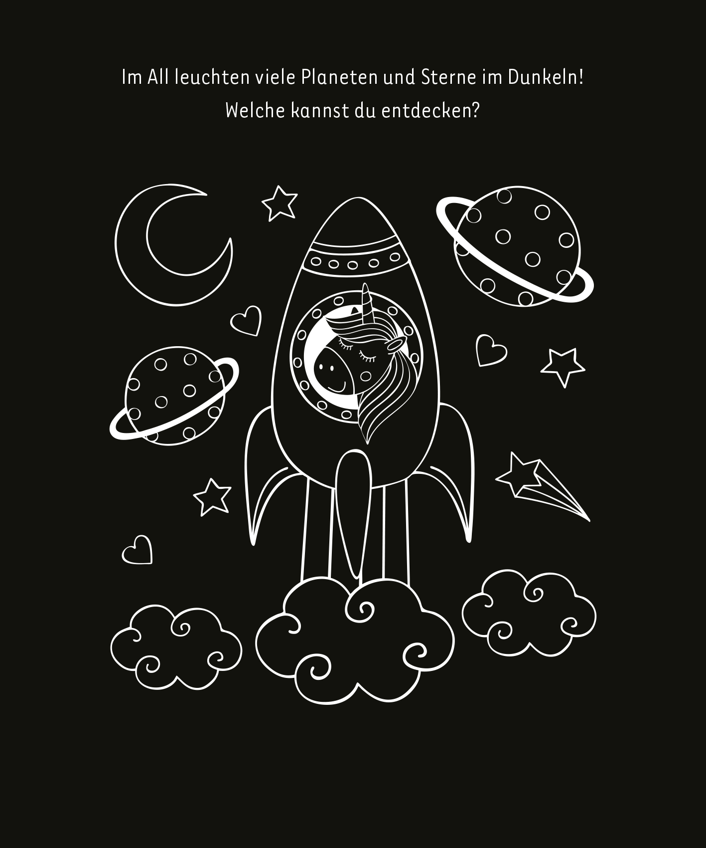 Gezeigt wird eine Innen- oder Zusatzansicht von „Mein leuchtendes Einhorn-Kritzkratz-Buch“. Die Abbildung zeigt eine Rakete, die durch den Weltraum fliegt, umgeben von verschiedenen Planeten, Sternen und Herzen. Der Hintergrund ist schwarz, während die Illustration in Weiß gehalten ist. Der Text oben lautet: „Im All leuchten viele Planeten und Sterne im Dunkeln! Welche kannst du entdecken?“. Die Schriftart ist verspielt und einladend, passend zum fantastischen Thema des Buches.