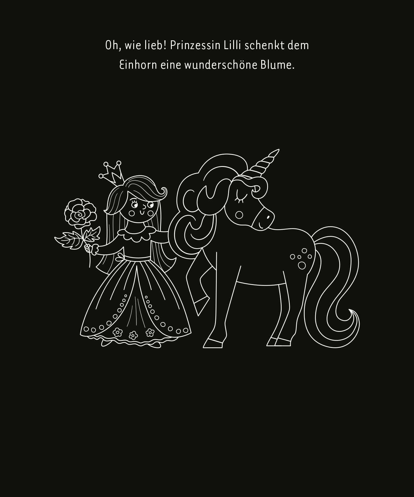 Gezeigt wird eine Innen- oder Zusatzansicht von „Mein leuchtendes Einhorn-Kritzkratz-Buch“. Die Illustration zeigt eine Prinzessin mit langen, lockigen Haaren und einem festlichen Kleid, die einem weißen Einhorn eine Blume überreicht. Der Hintergrund ist schwarz, wodurch die Figuren und die Blume in hellen Linien hervorgehoben werden. Die typografische Gestaltung des Textes ist klar und freundlich, in einer gut lesbaren Schriftart, die sich oberhalb der Abbildung befindet.