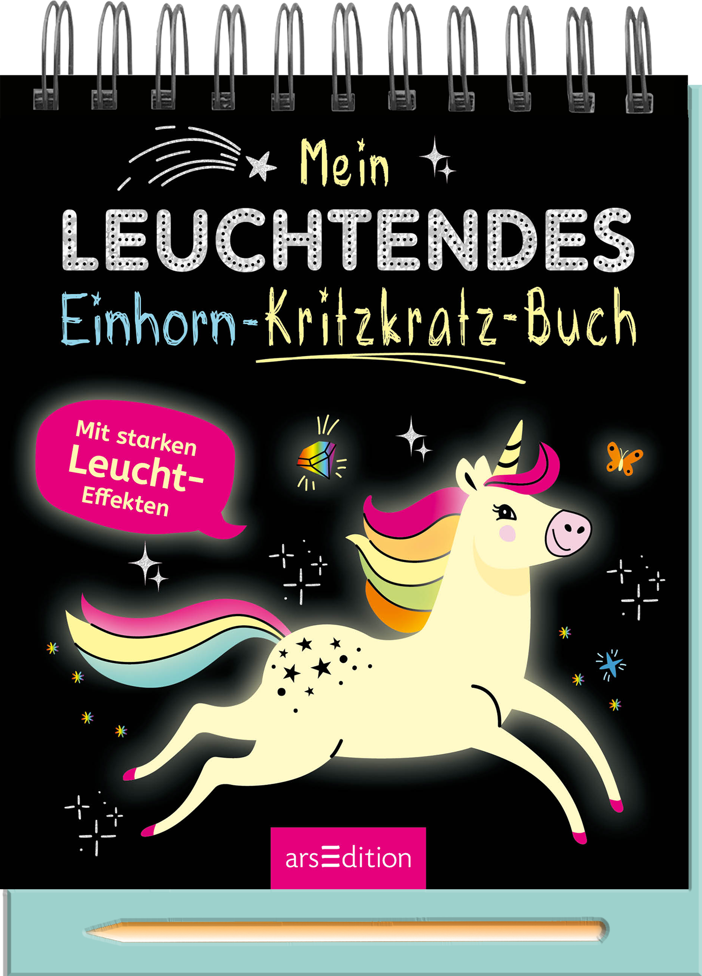 Das Buchcover zeigt ein schwarzes Hintergrunddesign, das mit bunten, leuchtenden Elementen versehen ist. Im Mittelpunkt steht ein fröhliches, weißes Einhorn mit einer mehrfarbigen Mähne und einem schimmernden Horn. Der Titel „Mein LEUCHTENDES Einhorn-Kritzkratz-Buch“ ist in verspielter, bunter Schrift oberhalb des Einhorns platziert. Links befindet sich ein pinkfarbener, ovaler Button mit dem Text „Mit starken Leucht-Effekten“. Ganz unten mittig steht der Logoschriftzug von...