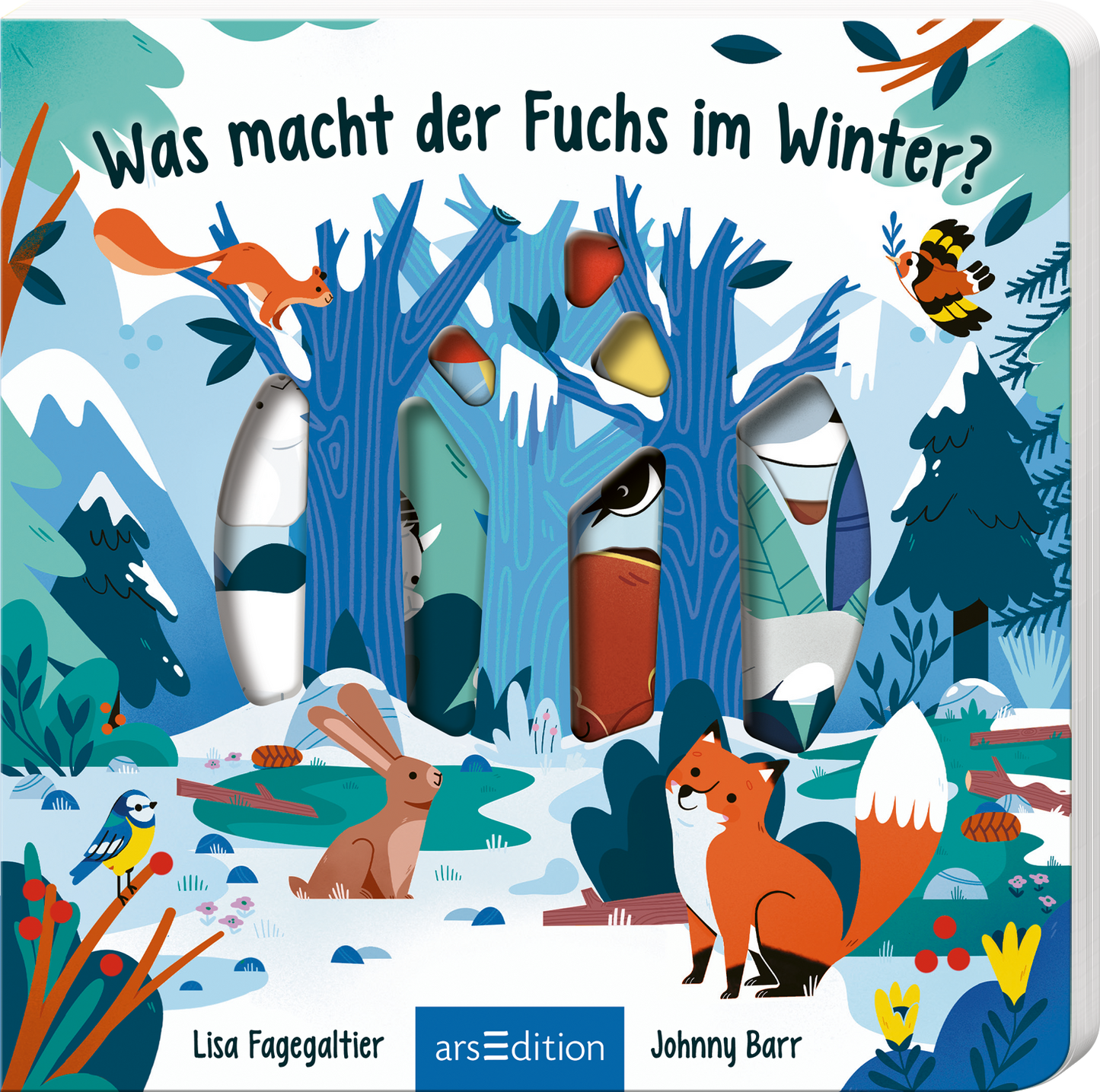 Das Buchcover zeigt eine bunte Winterlandschaft mit stilisierten, blauen Bäumen im Hintergrund. Im Vordergrund sind verschiedene Tiere, darunter ein Fuchs mit orangefarbenem Fell, ein Kaninchen und ein Specht, abgebildet. Die Titelüberschrift „Was macht der Fuchs im Winter?“ ist in fröhlicher Schriftart gestaltet und hebt sich vom Hintergrund ab. Der Gesamtton ist freundlich und einladend, was die Neugier auf die Geschichte weckt. Ganz unten mittig steht der Logoschriftzug von arsEdition.