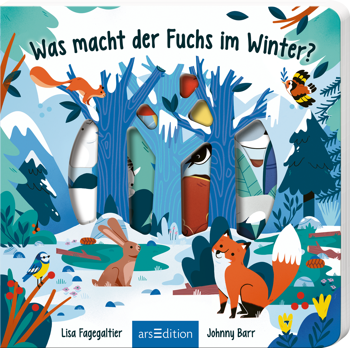 Das Buchcover zeigt eine bunte Winterlandschaft mit stilisierten, blauen Bäumen im Hintergrund. Im Vordergrund sind verschiedene Tiere, darunter ein Fuchs mit orangefarbenem Fell, ein Kaninchen und ein Specht, abgebildet. Die Titelüberschrift „Was macht der Fuchs im Winter?“ ist in fröhlicher Schriftart gestaltet und hebt sich vom Hintergrund ab. Der Gesamtton ist freundlich und einladend, was die Neugier auf die Geschichte weckt. Ganz unten mittig steht der Logoschriftzug von arsEdition.