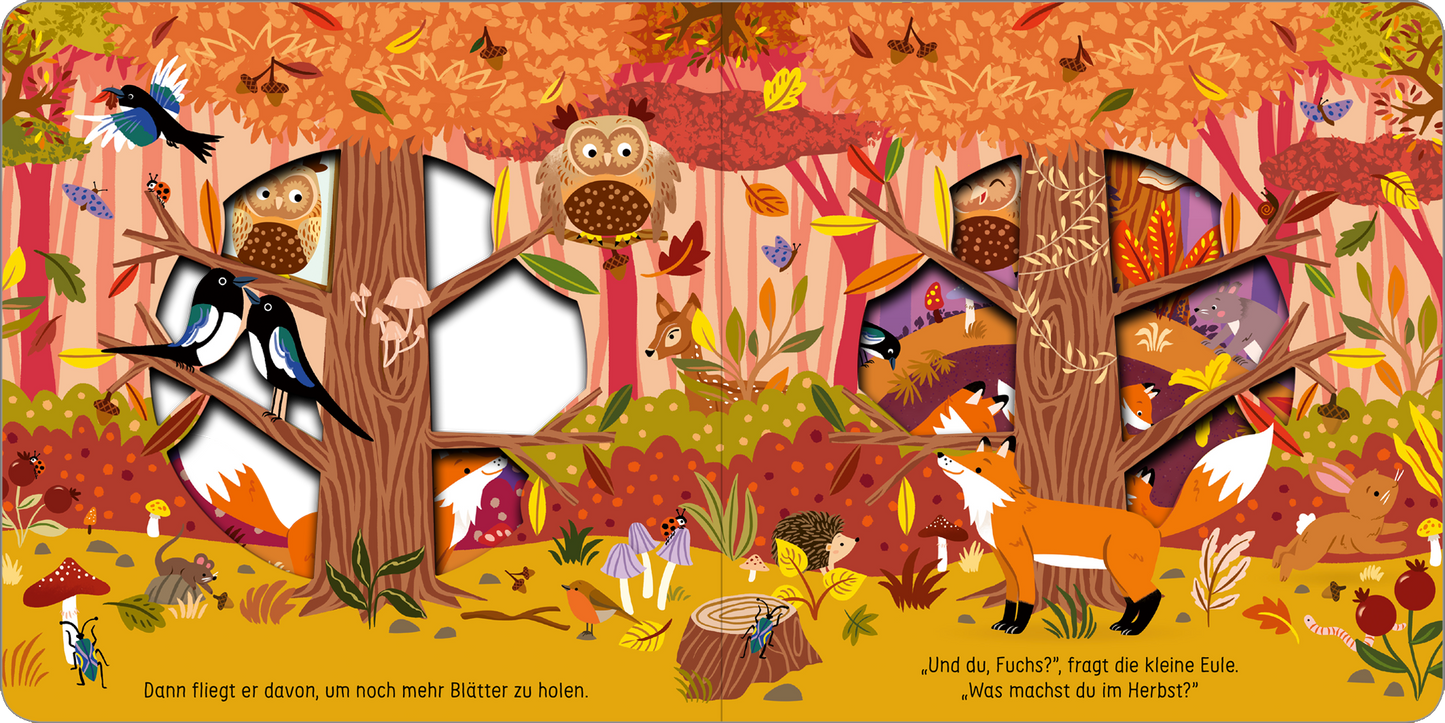 Gezeigt wird eine Innen- oder Zusatzansicht von „Was macht die Eule im Herbst?“. Die Illustration zeigt einen bunten Wald in Herbsttönen mit orangefarbenen und roten Blättern. Zwei Eulen sind in den Bäumen platziert, während ein Fuchs und andere Tiere im Vordergrund zu sehen sind. Die Typografie ist freundlich und kindgerecht, mit dem Text „Und du, Fuchs?“, der in einer klaren, gut lesbaren Schriftart abgebildet ist.