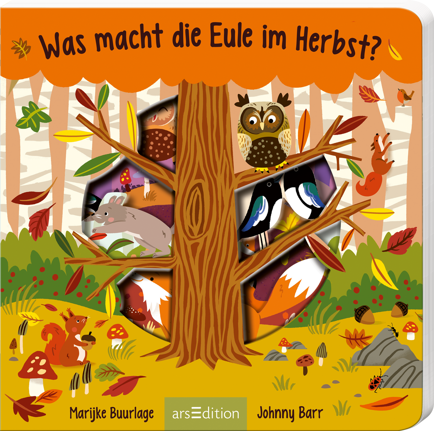 Das Buchcover zeigt einen großen Baum mit einem auffälligen, orangefarbenen Himmel und bunten Blättern, die herabfallen. In die Baumrinde sind Aussparungen geschnitten, durch die verschiedene Tiere wie eine Eule, ein Reh und Vögel sichtbar sind. Der Titel „Was macht die Eule im Herbst?“ steht in kräftiger, schwarzer Schrift oben auf dem Cover. Die Atmosphäre ist lebhaft und herbstlich. Ganz unten mittig steht der Logoschriftzug von arsEdition.
