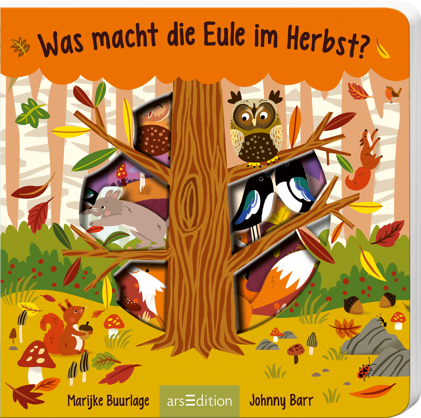 Das Buchcover zeigt einen großen Baum mit einem auffälligen, orangefarbenen Himmel und bunten Blättern, die herabfallen. In die Baumrinde sind Aussparungen geschnitten, durch die verschiedene Tiere wie eine Eule, ein Reh und Vögel sichtbar sind. Der Titel „Was macht die Eule im Herbst?“ steht in kräftiger, schwarzer Schrift oben auf dem Cover. Die Atmosphäre ist lebhaft und herbstlich. Ganz unten mittig steht der Logoschriftzug von arsEdition.