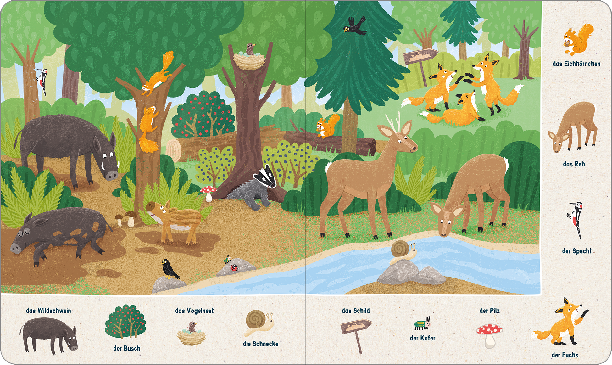 Gezeigt wird eine Innen- oder Zusatzansicht von „Mein 100 Sachen-Suchbuch – Bei den Tieren“. Die farbenfrohe Szenerie zeigt ein Waldgebiet mit verschiedenen Tieren, darunter Wildschweine, Rehe und Füchse. Bunte Bäume und Sträucher umrahmen die Illustration, während ein kleiner Bach durch die Landschaft fließt. Am Rand sind Bilder mit Beschriftungen von Tieren und Pflanzen abgebildet. Die Typografie ist kindgerecht und klar, farblich auf das Gesamtdesign abgestimmt.