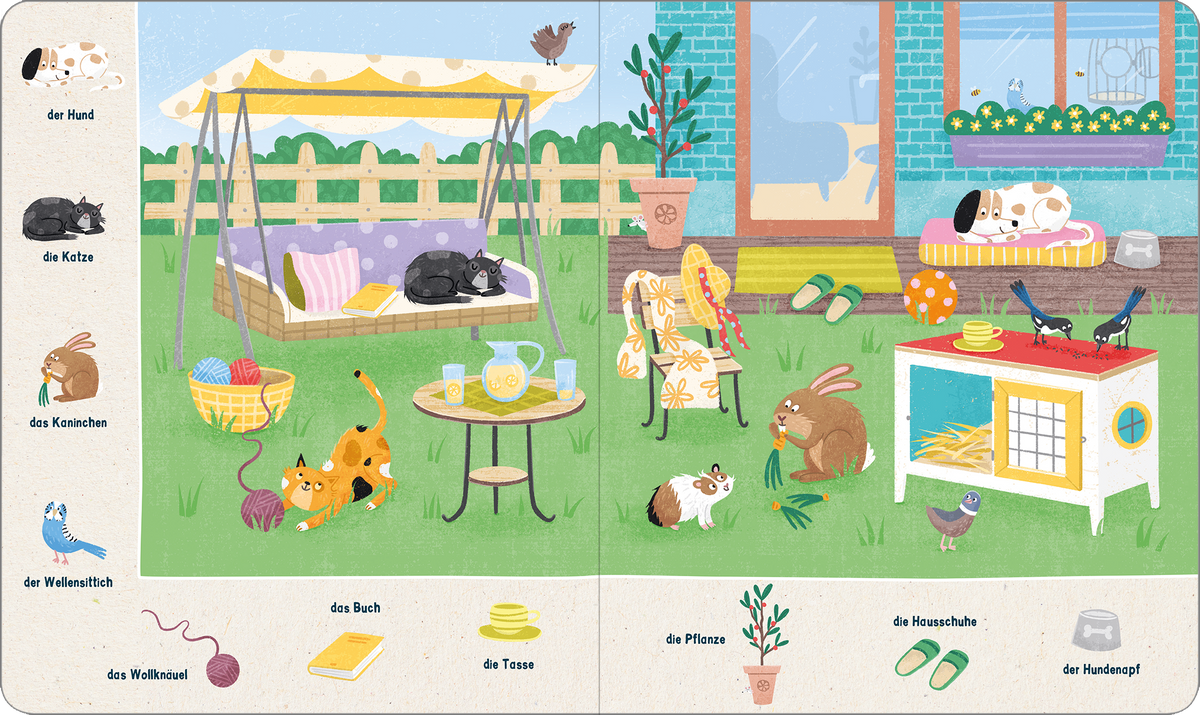 Gezeigt wird eine Innen- oder Zusatzansicht von „Mein 100 Sachen-Suchbuch – Bei den Tieren“. Die Illustration zeigt eine lebendige Szene im Freien mit einem bunten Garten. Verschiedene Tiere wie Katzen, ein Hund und ein Kaninchen sind in der Umgebung platziert. Das Farbschema umfasst helle und fröhliche Töne, während die Typografie klare, gut lesbare Schriftzüge für die beschrifteten Objekte verwendet. Die Gestaltung schafft eine einladende und kinderfreundliche Atmosphäre.