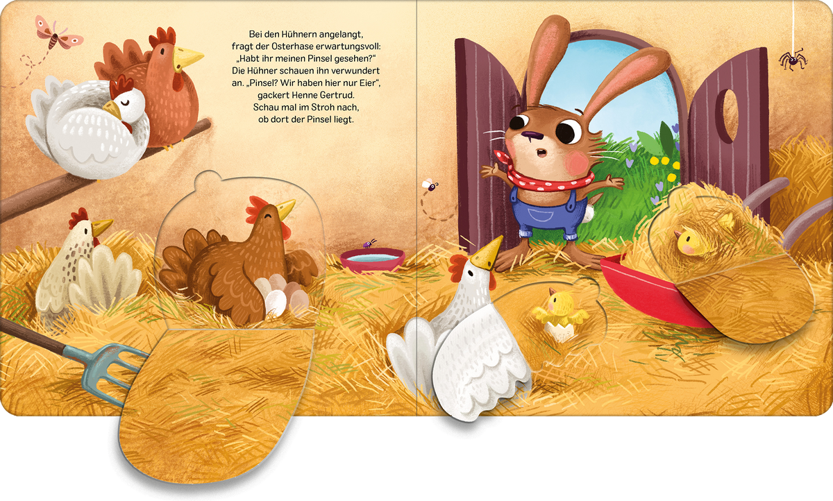 Gezeigt wird eine Innen- oder Zusatzansicht von „Der vergessliche Osterhase“. Die Seite zeigt eine lebhafte Farmumgebung im Innenraum mit warmen, gelben und braunen Farbtönen. Im Vordergrund sind mehrere Hühner in verschiedenen Positionen abgebildet, eingebettet in Stroh. Der Osterhase, mit großen Ohren und einem fröhlichen Gesicht, steht an einer Tür. Der Text ist in einer klaren, verspielten Schriftart gestaltet, die zur kinderfreundlichen Ästhetik passt.