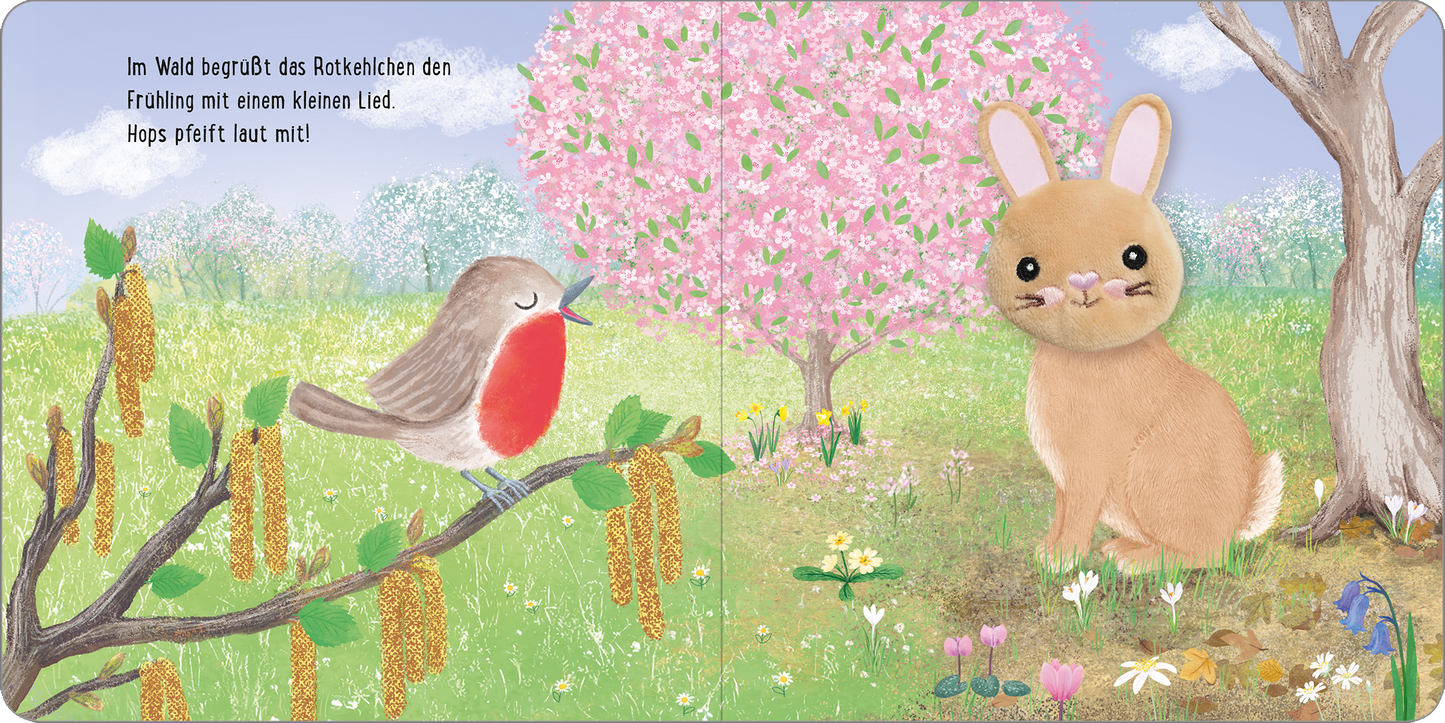 Gezeigt wird eine Innen- oder Zusatzansicht von „Meine sprechende Fingerpuppe: Hops Hase“. Die Illustration zeigt eine fröhliche Frühlingsszene mit einem braunen Hase auf der rechten Seite und einem roten Rotkehlchen auf der linken Seite. Umgeben sind sie von bunten Blumen und einem rosa blühenden Baum im Hintergrund. Der Himmel ist blau mit sanften Wolken, und die Typografie ist freundlich und verspielt, passend zur kindgerechten Gestaltung.