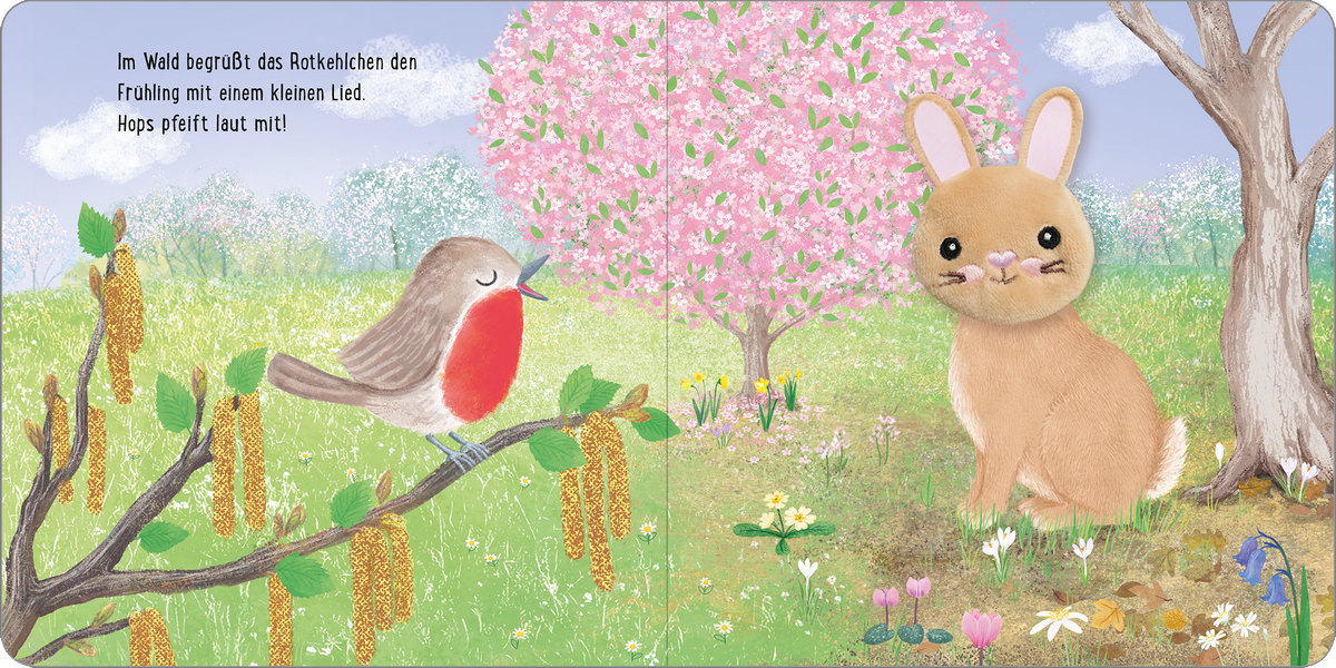 Gezeigt wird eine Innen- oder Zusatzansicht von „Meine sprechende Fingerpuppe: Hops Hase“. Die Illustration zeigt eine fröhliche Frühlingsszene mit einem braunen Hase auf der rechten Seite und einem roten Rotkehlchen auf der linken Seite. Umgeben sind sie von bunten Blumen und einem rosa blühenden Baum im Hintergrund. Der Himmel ist blau mit sanften Wolken, und die Typografie ist freundlich und verspielt, passend zur kindgerechten Gestaltung.