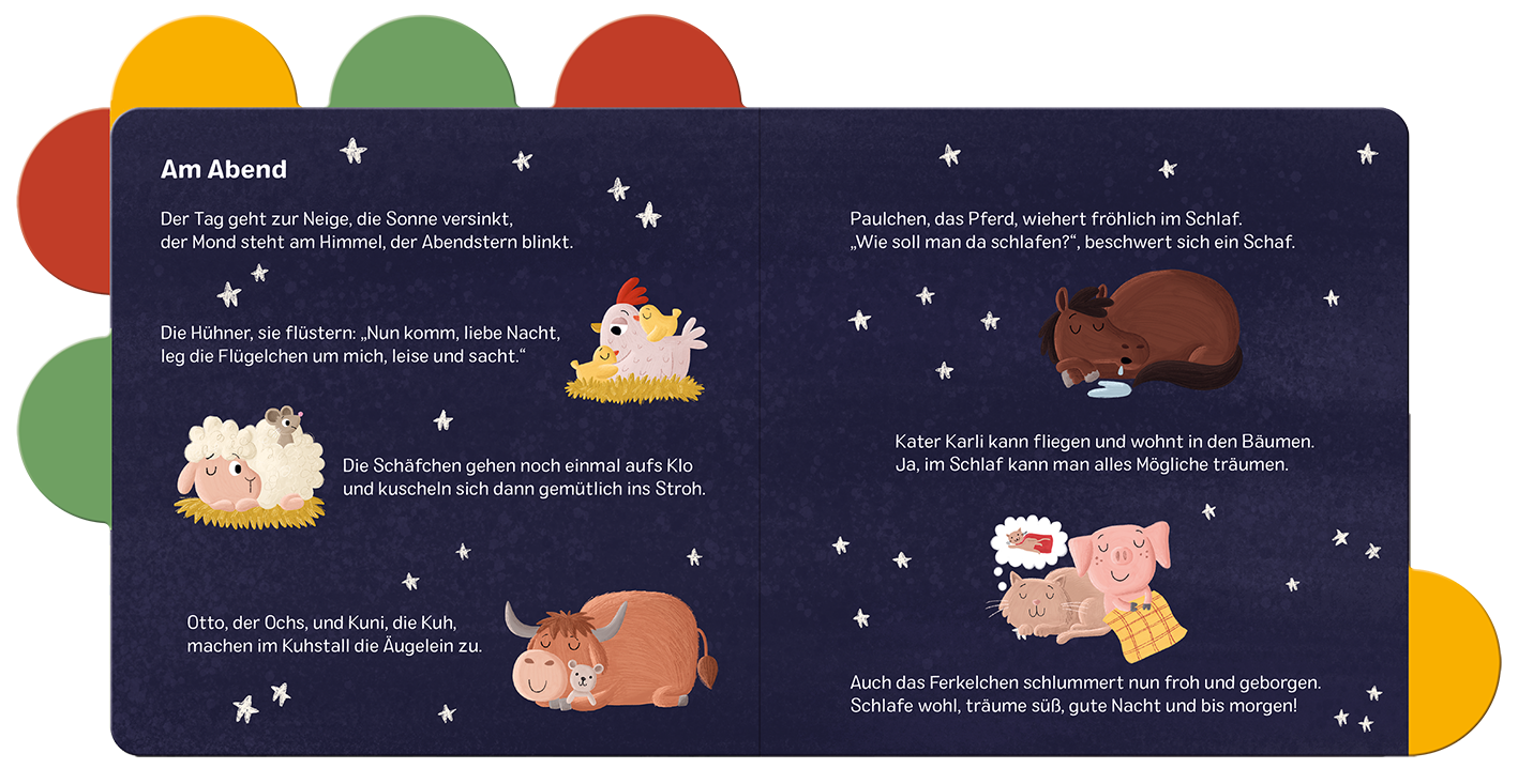 Gezeigt wird eine Innen- oder Zusatzansicht von „Vorlesegeschichten für Klitzekleine – Bauernhof“. Die Seite zeigt eine dunkle Nachtlandschaft mit leuchtenden Sternen im Hintergrund. Zentrale Elemente sind niedliche, cartoonhafte Tiere wie Schafe, ein Pferd, eine Kuh und eine Katze, die in verschiedenen entspannten Schlafpositionen dargestellt sind. Die Typografie ist kindgerecht und gut lesbar, die Farben sind überwiegend sanft und harmonisch, wobei helle Pastelltöne und ein sattes...