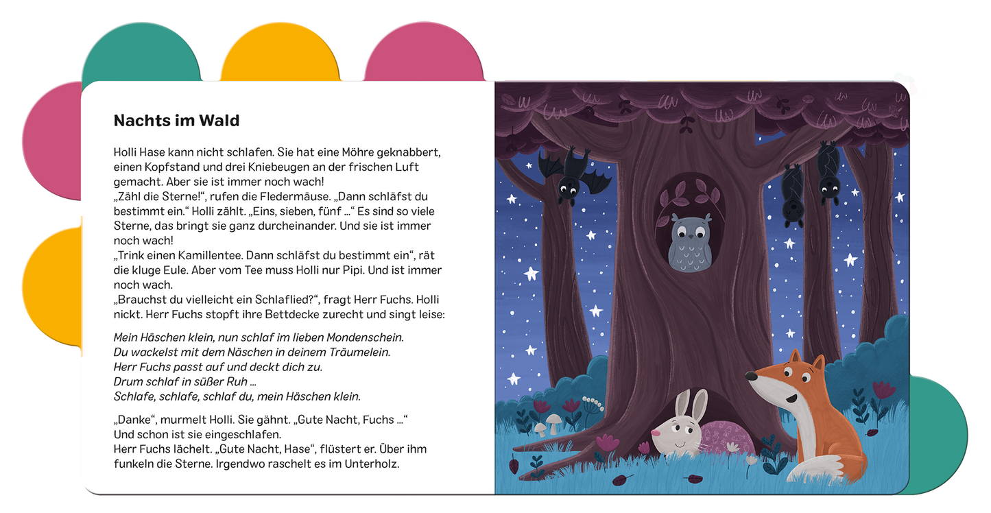 Gezeigt wird eine Innen- oder Zusatzansicht von „Vorlesegeschichten für Klitzekleine – Im Wald“. Die Seite enthält einen farbenfrohen Illustrationsbereich mit einem großen Baum unter sternenklarem Himmel. Links steht der Text in klarer, gut lesbarer Schrift, der eine nächtliche Waldszene beschreibt. Die Farben sind sanft und einladend, mit Grün- und Brauntönen, ergänzt durch leuchtende Akzente wie Gelb und Orange, die den kindlichen Charakter unterstreichen.