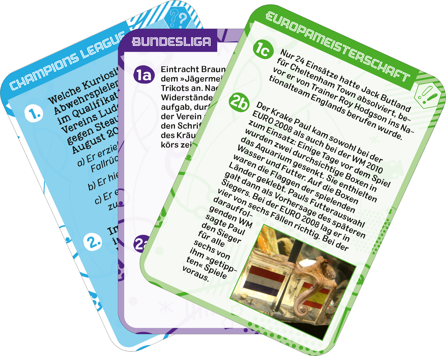 Gezeigt wird eine Innen- oder Zusatzansicht von „Fußball-Quiz“. Die Ansicht zeigt mehrere Trivia-Karten in unterschiedlichen Farben: Blau (Champions League), Lila (Bundesliga) und Grün (Europameisterschaft). Jede Karte enthält nummerierte Fragen und informative Texte in gut lesbarer, klarer Typografie. Die Karten sind mit abgerundeten Ecken gestaltet und weisen ein modernes Design auf, das ein sportliches Thema vermittelt. Der Hintergrund ist hell und die Farben der Karten lebhaft,...