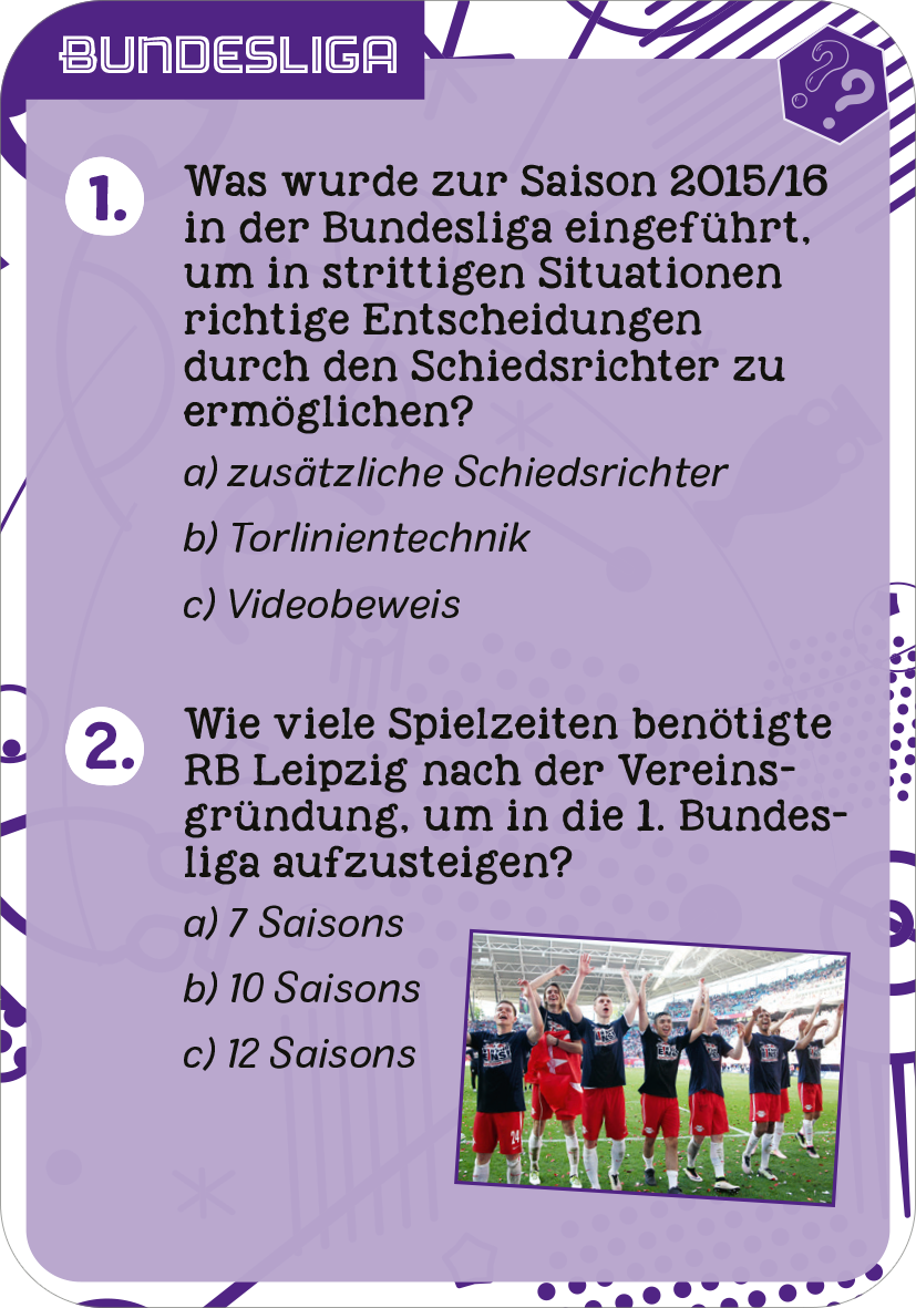 Gezeigt wird eine Innen- oder Zusatzansicht von „Fußball-Quiz“. Die Ansicht zeigt mehrere Trivia-Karten in unterschiedlichen Farben: Blau (Champions League), Lila (Bundesliga) und Grün (Europameisterschaft). Jede Karte enthält nummerierte Fragen und informative Texte in gut lesbarer, klarer Typografie. Die Karten sind mit abgerundeten Ecken gestaltet und weisen ein modernes Design auf, das ein sportliches Thema vermittelt. Der Hintergrund ist hell und die Farben der Karten lebhaft,...