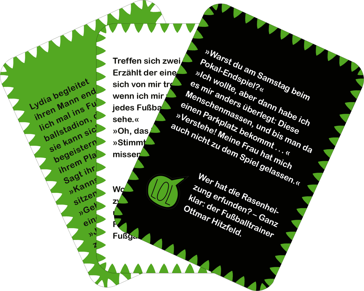 Gezeigt wird eine Innen- oder Zusatzansicht von „Fußball-Witze“. Die Abbildung zeigt drei Karten in unterschiedlichen Farben. Eine Karte ist schwarz mit weißem Text, der eine humorvolle Fußballgeschichte enthält. Die anderen Karten sind grün mit weißen Texten, die ebenfalls Witze wiedergeben. Die Karten haben eine gezackte Kante und eine spielerische, moderne Schriftart. Der Hintergrund ist farbenfroh und ansprechend gestaltet, was die humorvolle Thematik des Produkts unterstreicht.