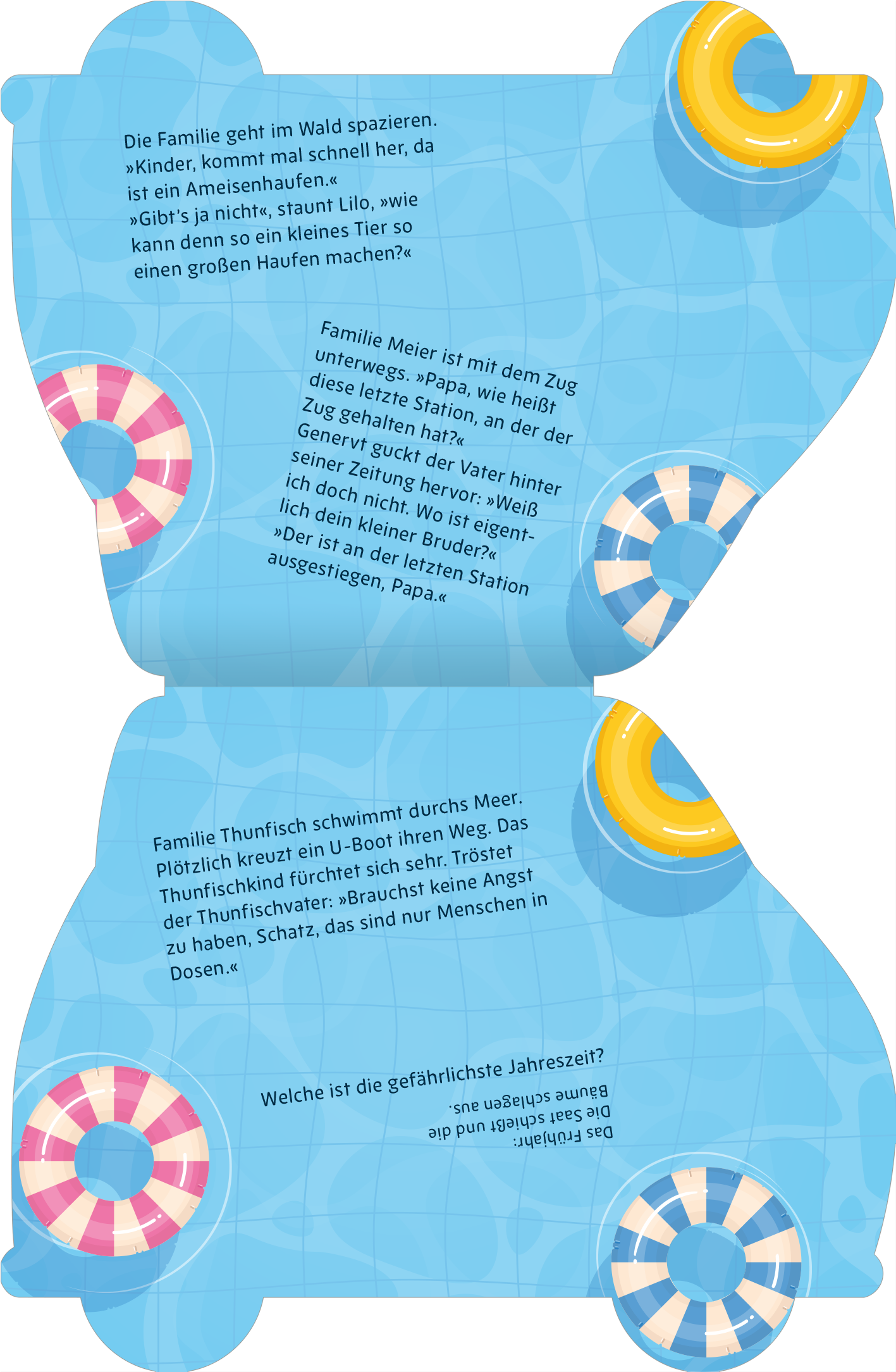 Gezeigt wird eine Innen- oder Zusatzansicht von „Superlustige Ferien-Witze“. Die Gestaltung ist hellblau mit aquatischen Motiven, darunter bunte Rettungsringe. Der Text ist in einer gut lesbaren, modernen Schriftart gehalten und wird von spielerischen Illustrationen umrahmt. Humorvolle Dialoge zwischen Familienmitgliedern sind zentral, wobei die Sprechblasen in verschiedenen Formen und Farben hervorgehoben werden, um visuelles Interesse zu erzeugen. Die Gesamtgestaltung vermittelt ein...