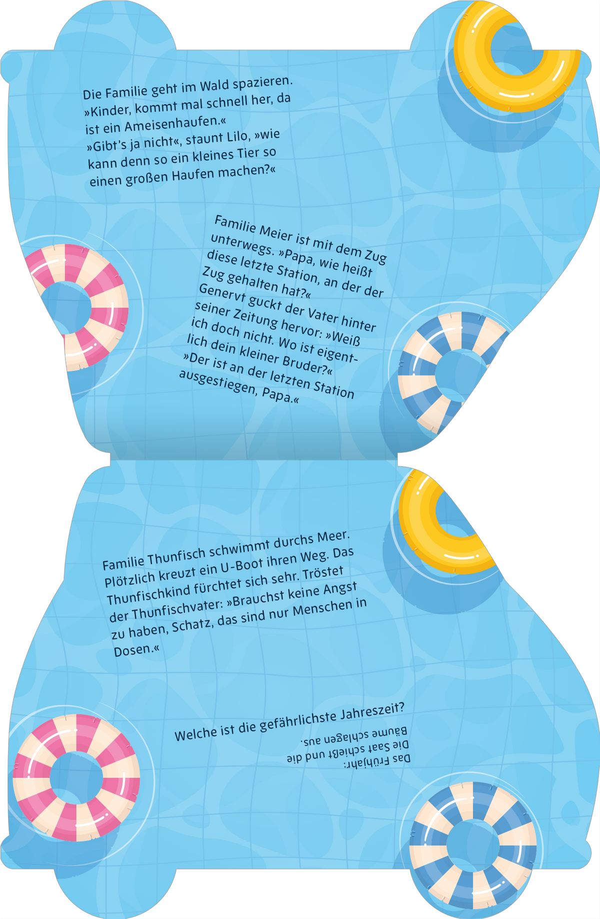Gezeigt wird eine Innen- oder Zusatzansicht von „Superlustige Ferien-Witze“. Die Gestaltung ist hellblau mit aquatischen Motiven, darunter bunte Rettungsringe. Der Text ist in einer gut lesbaren, modernen Schriftart gehalten und wird von spielerischen Illustrationen umrahmt. Humorvolle Dialoge zwischen Familienmitgliedern sind zentral, wobei die Sprechblasen in verschiedenen Formen und Farben hervorgehoben werden, um visuelles Interesse zu erzeugen. Die Gesamtgestaltung vermittelt ein...