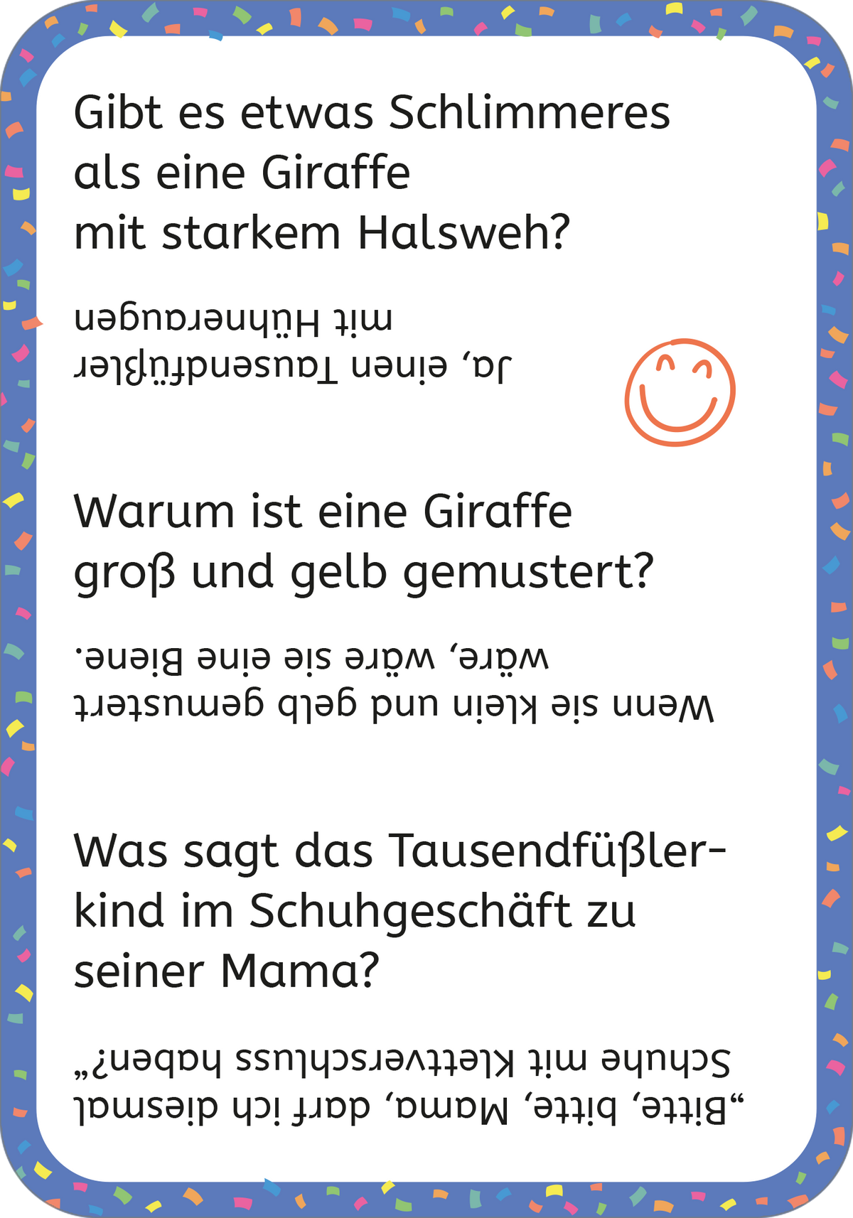 Gezeigt wird eine Innen- oder Zusatzansicht von „Erstleser-Witze Tiere“. Die Seite enthält witzige Texte zu Tieren, hervorgehoben durch große, klare Schrift in schwarzer Farbe. Der Hintergrund ist in fröhlichen Farben gestaltet, darunter ein bunter Rahmen mit Konfetti-Muster. Ein lächelndes Emoji in orange fügt eine spielerische Note hinzu. Die Fragen beschäftigen sich humorvoll mit Tieren und sprechen die jungen Leser direkt an.