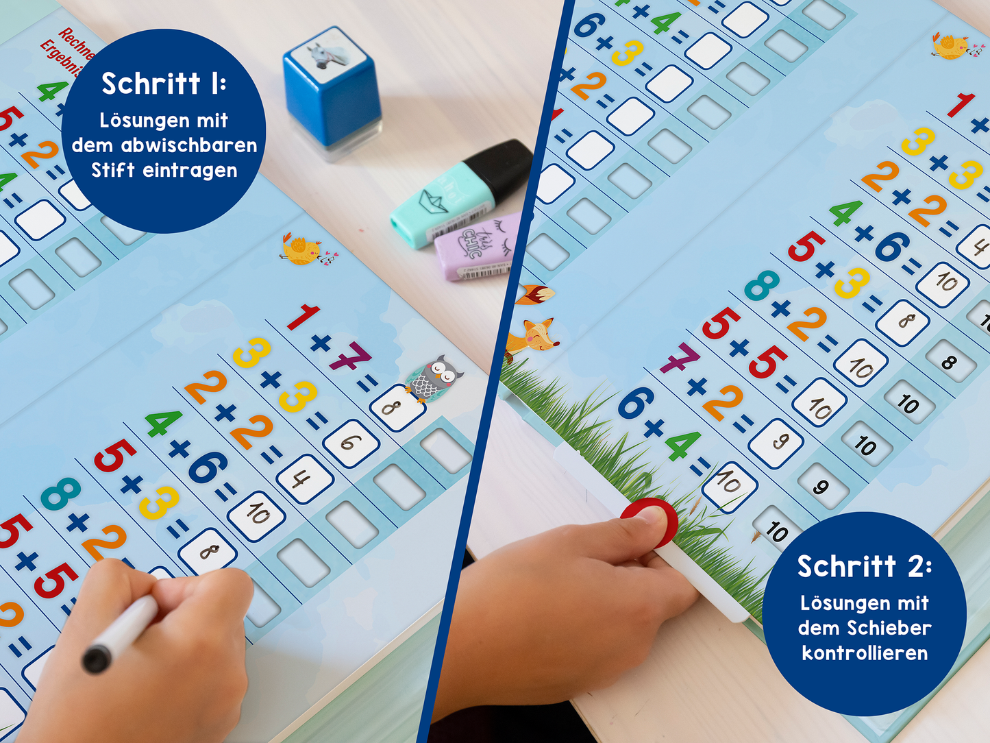 Gezeigt wird eine Innen- oder Zusatzansicht von „Erstes Rechnen – mit Wisch-&-Weg-Effekt“. Die Abbildung zeigt eine interaktive Lernseite mit bunten Illustrationen, die eine himmelblaue Hintergrundfarbe haben. Auf der linken Seite sind Kästchen zum Eintragen von Lösungen mit einem abwischbaren Stift abgebildet, während die rechte Seite eine Kontrolle der Antworten mittels eines Schiebers zeigt. Die Schrift ist klar und kindgerecht gestaltet, und es sind zahlreiche tierische Motive...