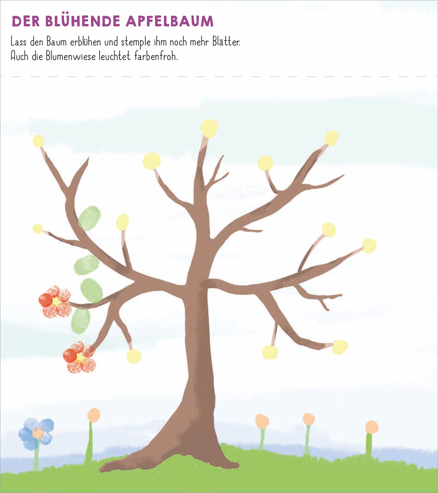 Gezeigt wird eine Innen- oder Zusatzansicht von „Meine allerersten Fingerstempel Frühling“. Abgebildet ist ein blühender Apfelbaum mit einem braunen Stamm und dünnen Ästen, die mit gelben Blüten und grünen Blättern geschmückt sind. Im Vordergrund sind bunte Blumen zu sehen, die in sanften Farben wie Blau und Gelb gehalten sind. Der Hintergrund zeigt einen hellen, blauen Himmel mit sanften Farbverläufen. Die Schriftart des Textes ist verspielt und kindgerecht, in lila gehalten.