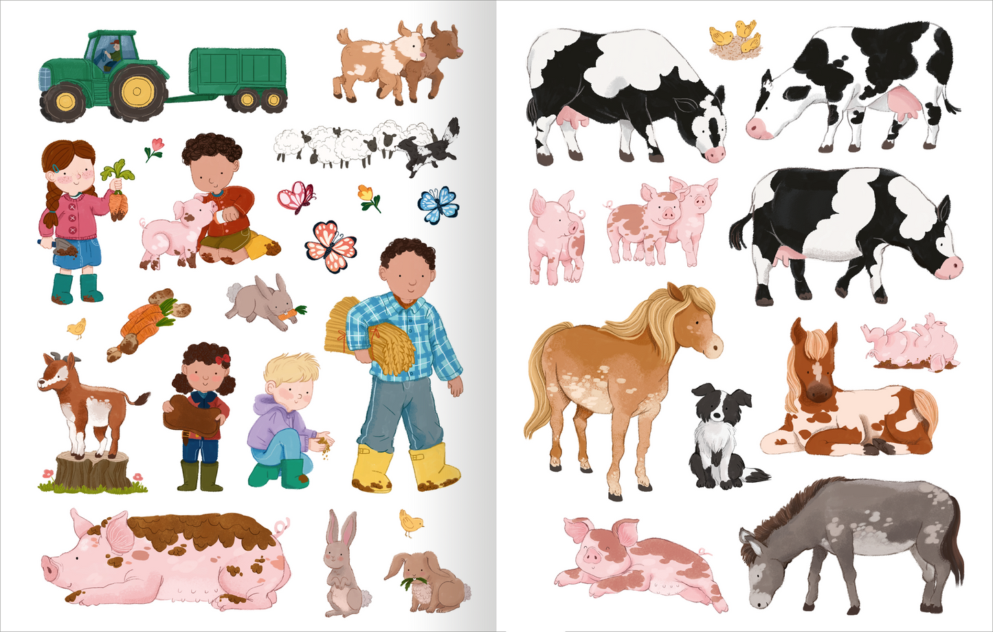 Gezeigt wird eine Innen- oder Zusatzansicht von „Mein Endlos-Stickerspaß – Bauernhof“. Die Seite präsentiert bunte Stickermotive, darunter Tiere wie Kühe, Schweine, Hühner, ein Pferd und einen Bauernhof-Traktor. Farbenfroh gestaltet, dominieren zarte Pastelltöne wie Rosa, Braun und Grün. Die Figuren im Vordergrund, Kinder in lebendigen Outfits, interagieren freundlich mit den Tieren. Die Typografie ist kindgerecht und verspielt, geeignet für die Zielgruppe.