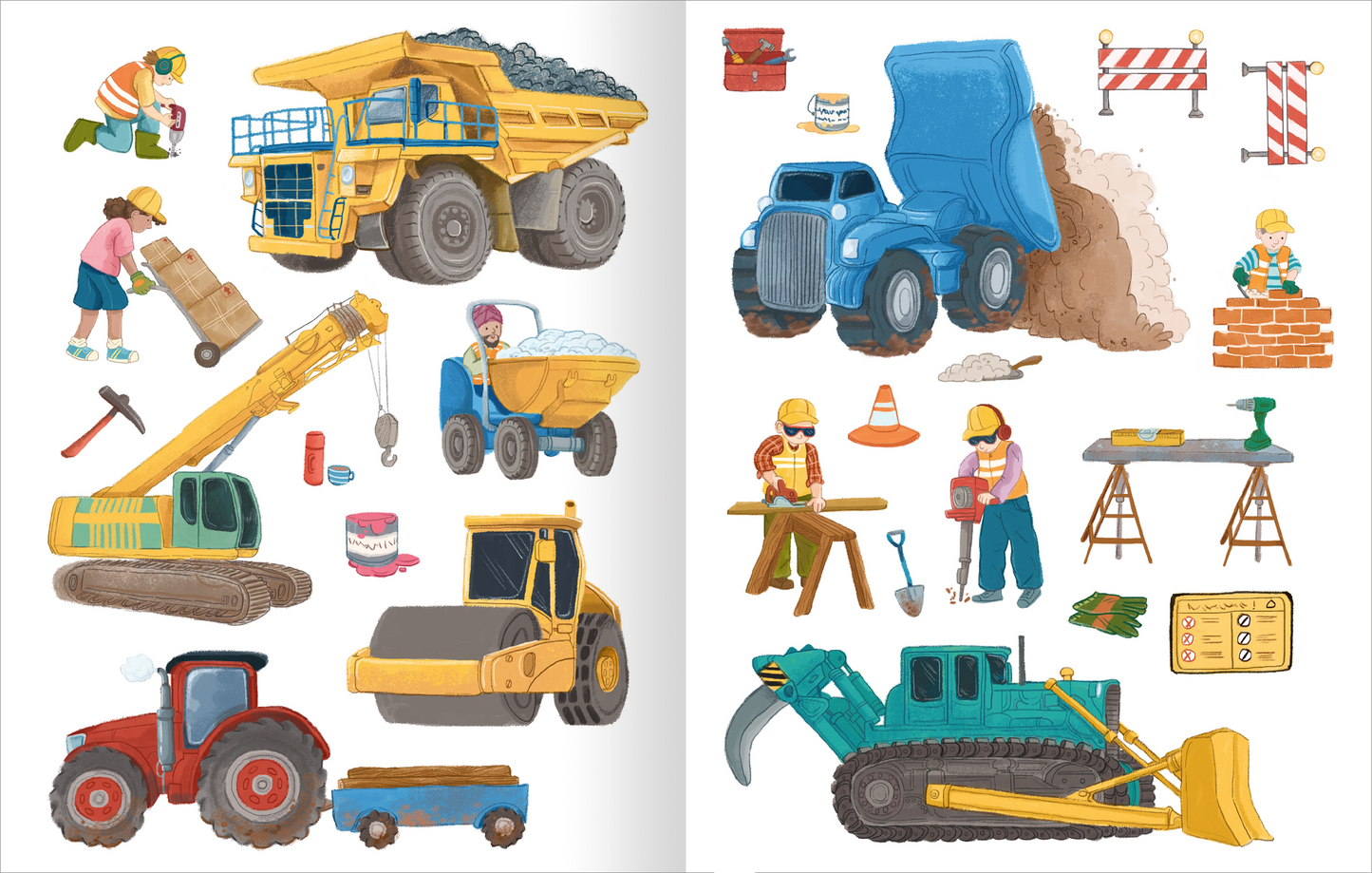 Gezeigt wird eine Innen- oder Zusatzansicht von „Mein Endlos-Stickerspaß – Baustelle“. Auf der Doppelseite sind verschiedene Baufahrzeuge und Bauarbeiter abgebildet. Zu sehen sind ein gelber Dumper, ein grüner Bagger und ein roter Traktor, umgeben von Werkzeugen wie einer Schaufel und einem Hammer. Die Farben sind lebhaft und bunt, mit predominierendem Gelb, Blau und Rot. Die Typografie ist einfach gehalten, mit klaren, gut lesbaren Schriftzügen, die die Szenen begleiten.