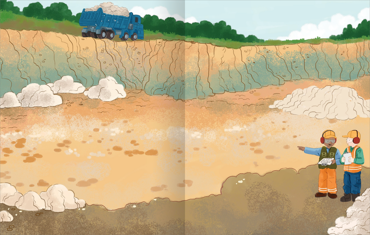 Gezeigt wird eine Innen- oder Zusatzansicht von „Mein Endlos-Stickerspaß – Baustelle“. Die Illustration zeigt eine Baustelle mit einem Erdaushub und einem blauen Lkw, der Erde transportiert. Im Vordergrund stehen zwei Bauarbeiter in leuchtend orange und grün mit Schutzhelmen und Gehörschutz. Sie betrachten Karten und weisen auf die Baustelle. Die Farben sind überwiegend Erdtöne mit Hellblau des Himmels und Grün der Bäume im Hintergrund.