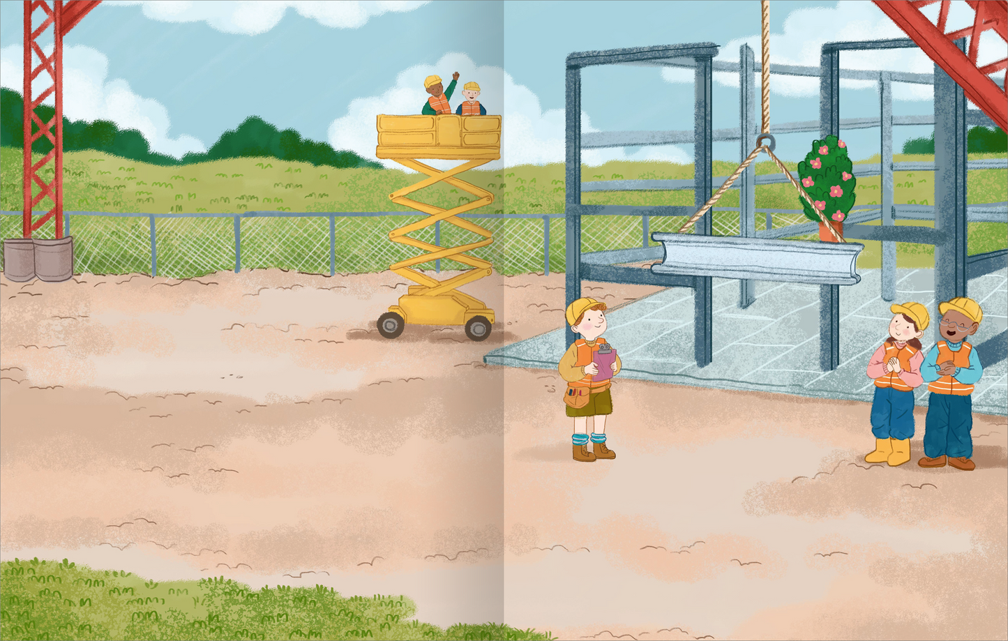 Gezeigt wird eine Innen- oder Zusatzansicht von „Mein Endlos-Stickerspaß – Baustelle“. Die Illustration zeigt eine bunte Baustelle mit einem Kran und einer Arbeitsbühne, auf der zwei Bauarbeiter stehen. Im Vordergrund steht ein Junge mit einem Bausymbol in der Hand, während zwei weitere Bauarbeiter mit ihm sprechen. Die Farben sind lebhaft und warm, dominierend sind Gelb, Blau und Grün. Die Typografie der Titeltexte ist kindgerecht und verspielt gestaltet.