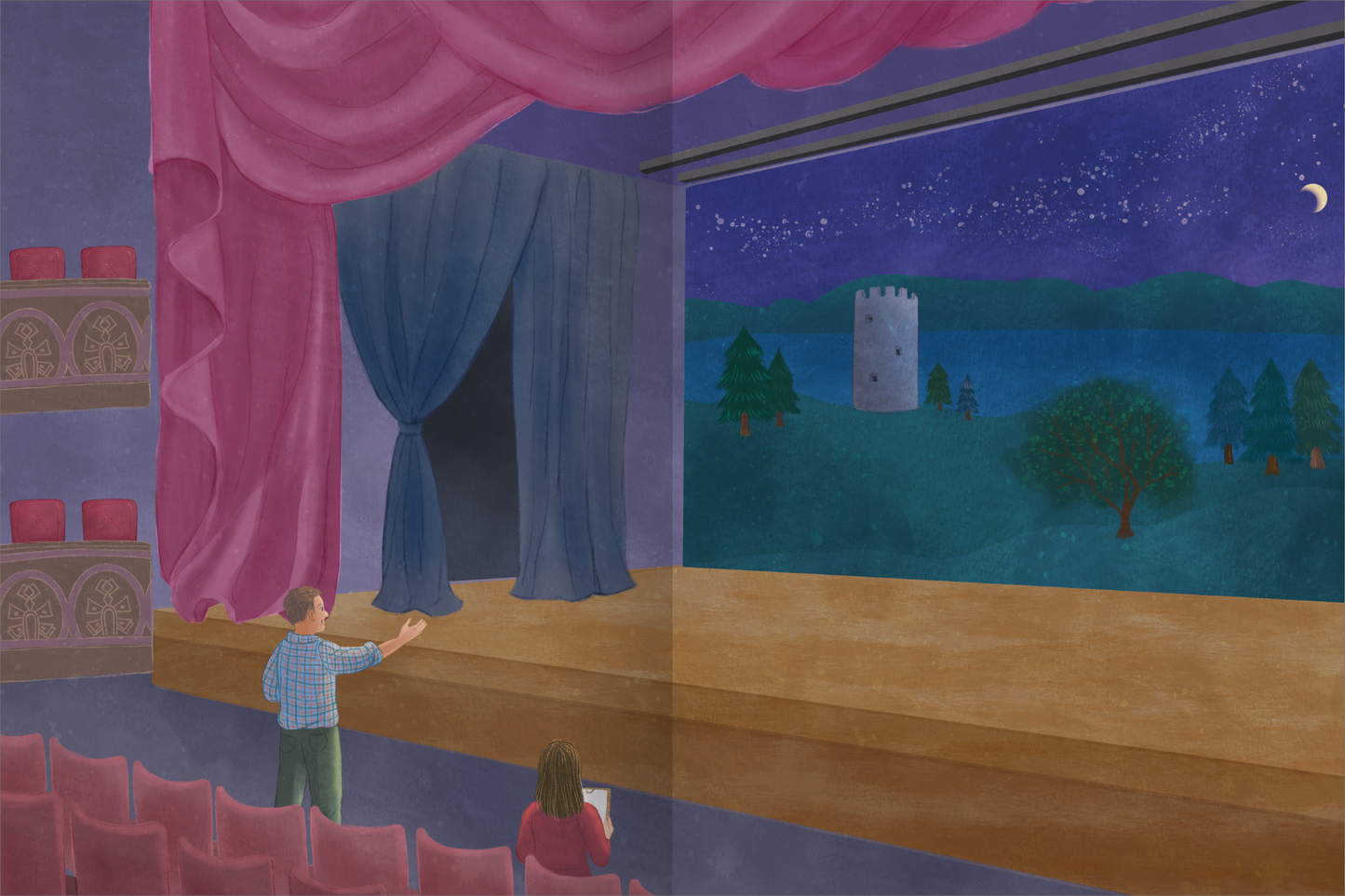 Gezeigt wird eine Innen- oder Zusatzansicht von „Mein Lieblings-Stickerbuch – Ballett“. Die Illustration zeigt das Innere eines Theaters mit einem Bühnenbild, das einen nächtlichen Wald mit einem Turm im Hintergrund darstellt. Die Vorhänge sind in einem sanften Rosa gehalten, während die Bühne in warmen Erdtönen erscheint. Ein Mann und eine Frau stehen im Zuschauerraum, der mit roten Stühlen ausgestattet ist, und blicken auf die Bühne. Die Sterne funkeln am Himmel, was eine...