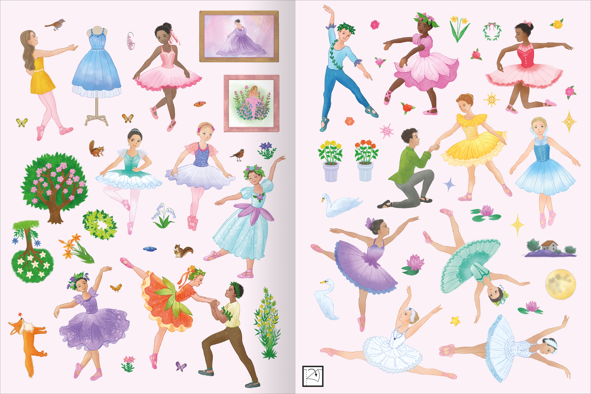 Gezeigt wird eine Innen- oder Zusatzansicht von „Mein Lieblings-Stickerbuch – Ballett“. Die Seite ist in sanften Pastellfarben gehalten, mit einem hellrosa Hintergrund. Es sind verschiedene Ballerinas in bunten Tüllröcken und Tanzposen abgebildet, ergänzt durch Sticker von Baumlandschaften, Blumen und Schmetterlingen. Die typografischen Elemente sind verspielt und kindgerecht gestaltet, während verschiedene Bilderrahmen mit Ballettmotiven als zusätzliche Dekoration fungieren.