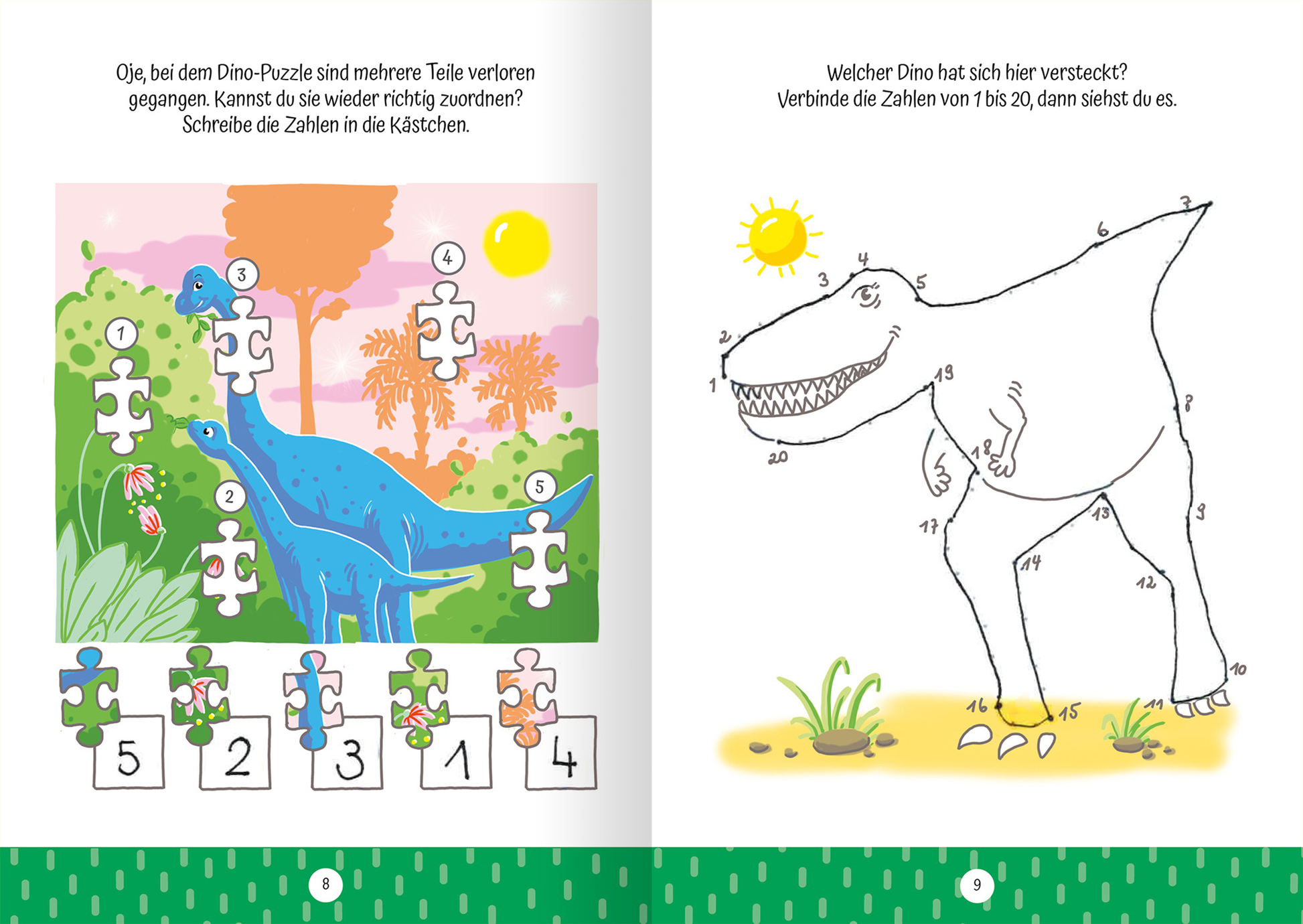 Innenseite des Buches „Ruckzuck weggewischt! Dinosaurier“. Links ein buntes Dino-Puzzle mit zwei dinoähnlichen Figuren in einem grünen, naturbelassenen Hintergrund. Die Puzzlestücke sind unvollständig und mit Zahlen beschriftet. Rechts eine Umrisszeichnung eines Dinosauriers mit einer nummerierten Struktur zum Verbinden von Punkten von 1 bis 20. Im oberen Bereich der Seite scheint eine Sonne. Die Farbpalette umfasst sanfte Pastelltöne und lebendige Grüntöne.