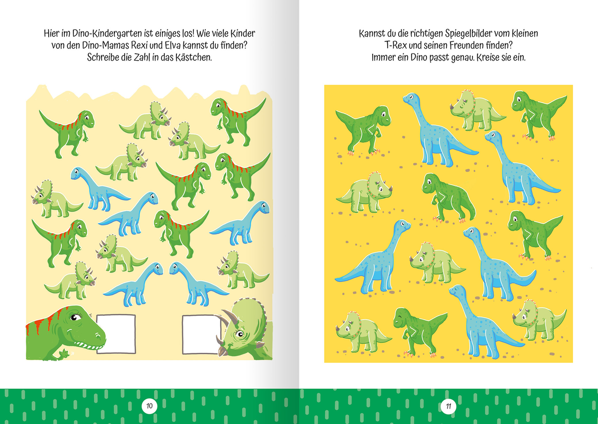 Gezeigt wird eine Innen- oder Zusatzansicht von „Ruckzuck weggewischt! Dinosaurier“. Auf der linken Seite befinden sich zahlreiche farbenfrohe Dinosaurier in verschiedenen Grüntönen auf einem gelben Hintergrund. Zwei leere Kästchen laden zur Interaktion ein. Rechts sieht man eine Gruppe von blauen und grünen Dinos, die auf einem sandfarbenen Grund angeordnet sind. Die Schrift ist gut lesbar, in einfacher, kindgerechter Typografie gehalten und animiert zum Mitmachen.
