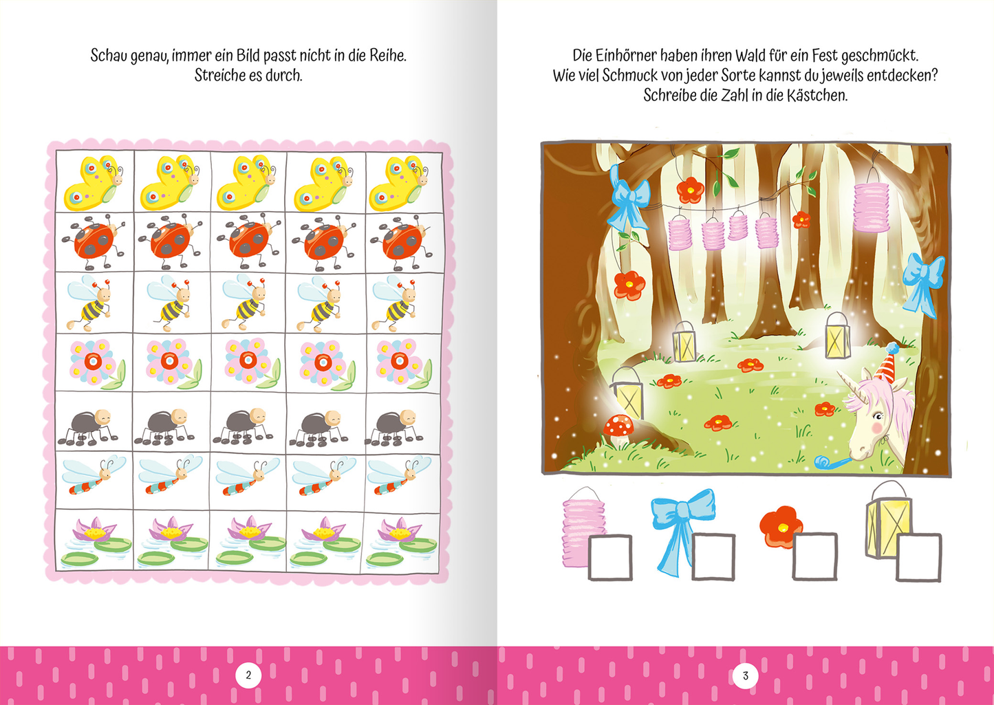 Auf der Innenseite des Buches „Ruckzuck weggewischt! Einhörner“ sind zwei Seiten mit aktivitätsorientierten Inhalten abgebildet. Links befindet sich ein aus bunten Illustrationen bestehendes Raster mit Schmetterlingen, Marienkäfern und weiteren Tieren, das zum Streichen auffordert. Rechts ist eine märchenhafte Waldszene zu sehen, dekoriert mit Laternen, Blumen und einem Einhorn. Die Farbpalette umfasst fröhliche Pastelltöne und der Text lädt zur Entdeckung ein und fordert zur...