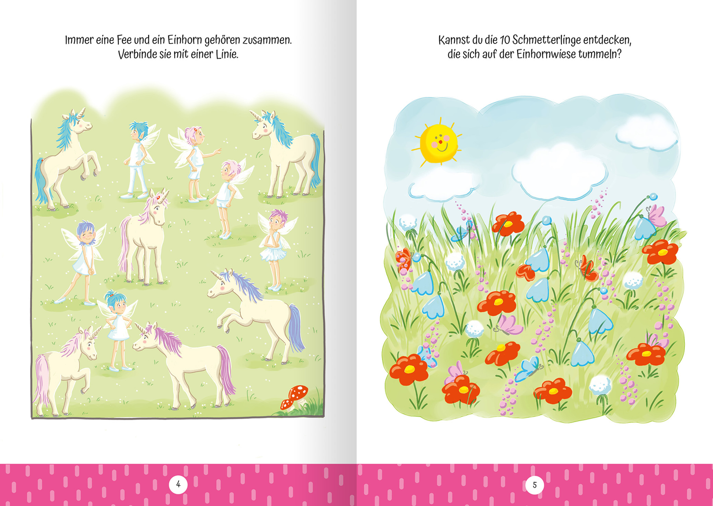 Innenseite aus „Ruckzuck weggewischt! Einhörner“. Links sind fünf Einhörner und Feen abgebildet, umgeben von grünem Gras. Die Feen haben verschiedene, pastellfarbene Haare und tragen weiße Kleider. Auf der rechten Seite ist eine fröhliche Sonnenlandschaft mit bunten Blumen und Gräsern dargestellt. Über der Szene steht die Frage: „Kannst du die 10 Schmetterlinge entdecken, die sich auf der Einhornwiese tummeln?“ Die Farben sind hell und ansprechend, mit einem verspielten Design.
