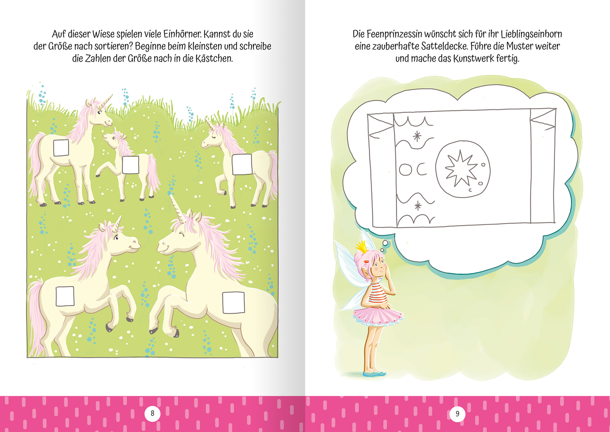 Innenseite aus dem Buch „Ruckzuck weggewischt! Einhörner“. Links sind vier Einhörner auf einer grünen Wiese abgebildet, die in verschiedenen Größen dargestellt werden. In jedem der leeren Kästchen können die Kinder Zahlen eintragen. Rechts steht eine Fee mit Flügeln und einem rosa Kleid, die sich eine bunte Satteldecke für ihr Einhorn wünscht. Darunter befindet sich eine Wolke, in der die Kinder Muster weiterführen sollen. Der Hintergrund ist in sanften Grüntönen gehalten, mit...