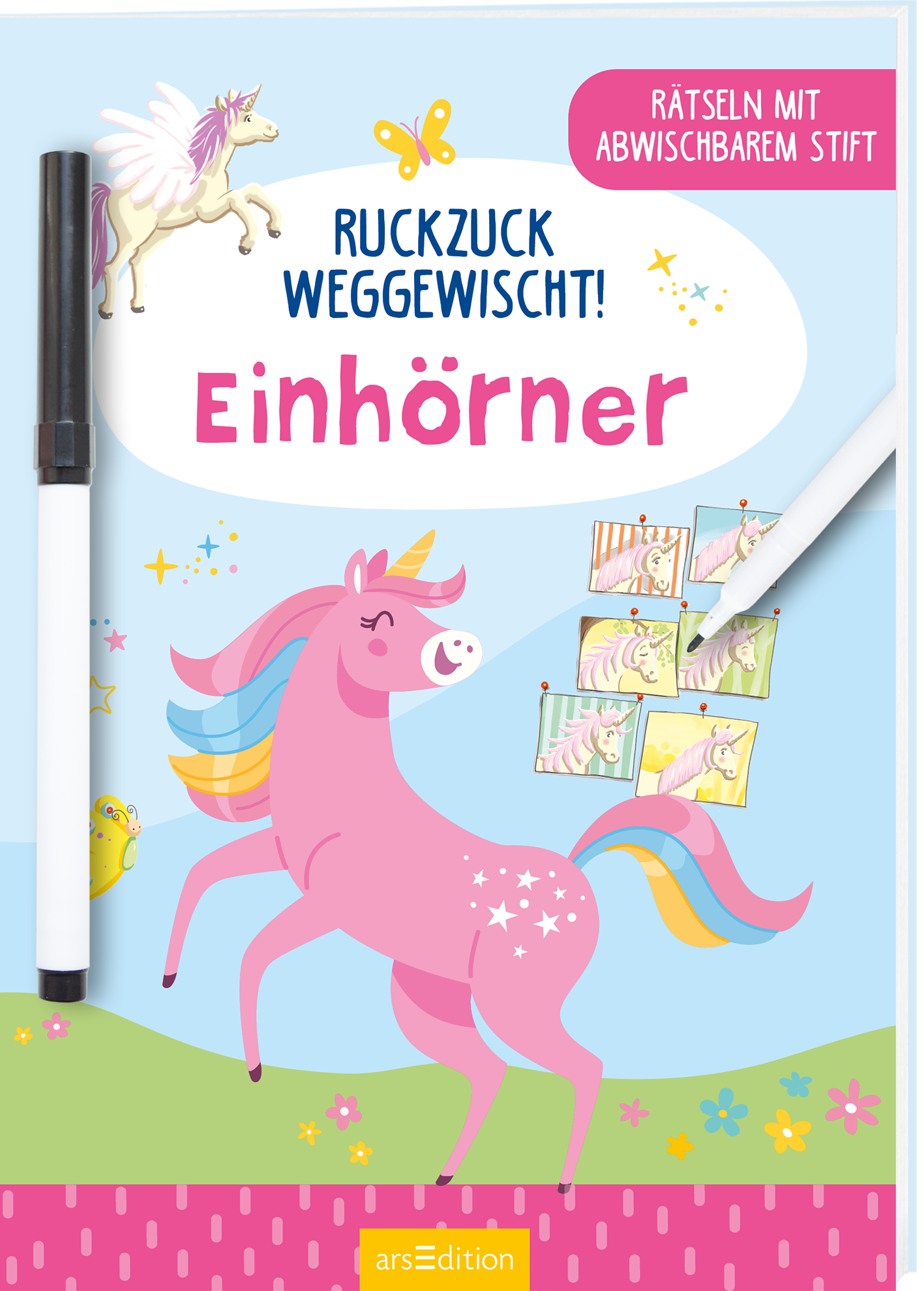 Das Buchcover zeigt ein verspieltes, hellblaues Design mit einem großen, pinkfarbenen Einhorn, das fröhlich auf einem bunten Hintergrund steht. Oben links ist ein weißes, schimmerndes Einhorn abgebildet, während rechts ein schwarzer abwischbarer Stift zu sehen ist. Der Titel „Ruckzuck weggewischt! Einhörner“ ist in großer, auffälliger roter Schrift platziert. Oben rechts befindet sich ein roter Button mit dem Text „Rätseln mit abwischbarem Stift“. Ganz unten mittig steht der...