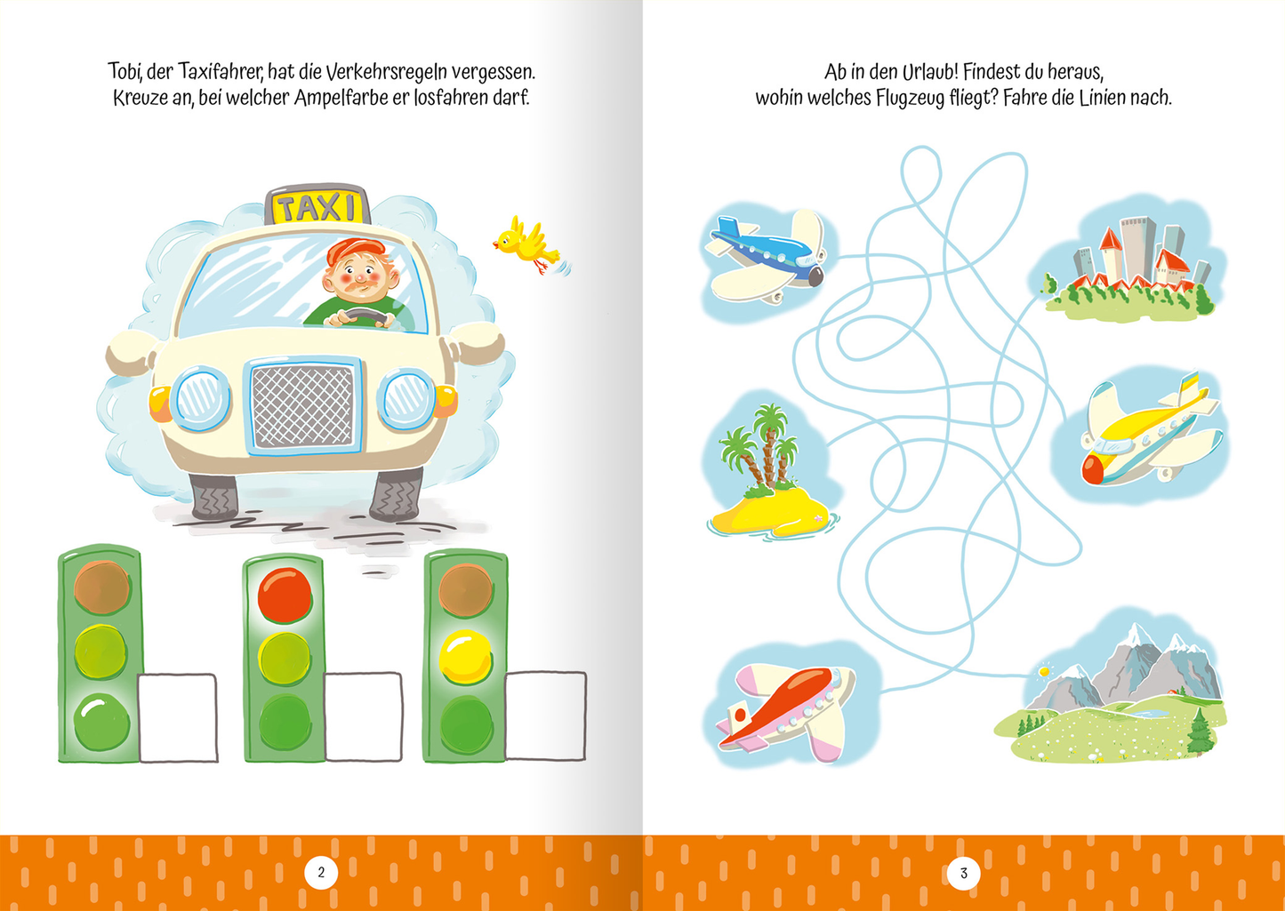 Gezeigt wird eine Innen- oder Zusatzansicht von „Ruckzuck weggewischt! Fahrzeuge“. Auf der linken Seite sieht man ein farbenfrohes, gezeichnetes Taxi mit einem Fahrer, der verwirrt aussieht und aus dem Fenster blickt. Daneben befinden sich Ampeln in kräftigen Farben: rot, gelb und grün. Auf der rechten Seite ist eine Handlung mit Flugzeugen abgebildet, umgeben von einer geschwungenen Linie, die zu verschiedenen Urlaubszielen führt. Die Schrift ist klar, freundlich und kindgerecht. Der...