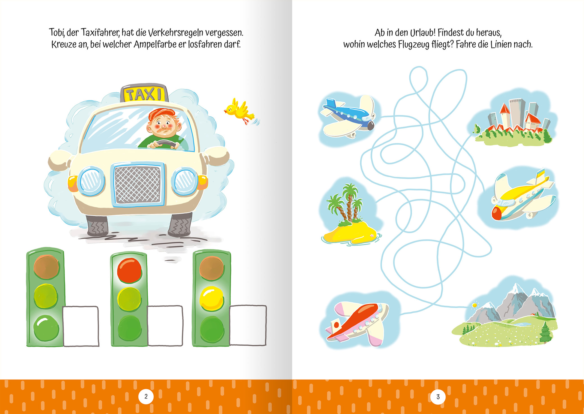 Gezeigt wird eine Innen- oder Zusatzansicht von „Ruckzuck weggewischt! Fahrzeuge“. Auf der linken Seite sieht man ein farbenfrohes, gezeichnetes Taxi mit einem Fahrer, der verwirrt aussieht und aus dem Fenster blickt. Daneben befinden sich Ampeln in kräftigen Farben: rot, gelb und grün. Auf der rechten Seite ist eine Handlung mit Flugzeugen abgebildet, umgeben von einer geschwungenen Linie, die zu verschiedenen Urlaubszielen führt. Die Schrift ist klar, freundlich und kindgerecht. Der...