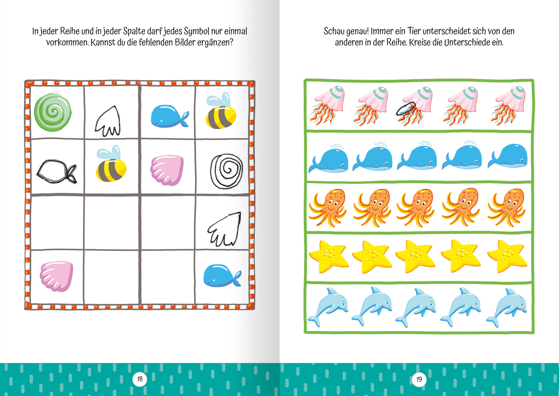 Auf der Innenseite des Buches „Ruckzuck weggewischt! Zoo“ sind zwei Seiten abgebildet. Links befindet sich ein Spielgitter mit bunten Illustrationen, darunter eine Schnecke, Fische, Bienen und Muscheln, umgeben von einem orange-weißen Rand. Rechts zeigt eine Reihe von Bildern Wasserlebewesen: Quallen, Wale, Oktopusse, Seesterne und Delfine, die in verschiedenen Farben, wie Blau und Gelb, gestaltet sind. Oberhalb der Bilder steht eine Anleitung. Der Hintergrund ist türkis mit Punkte-Muster.