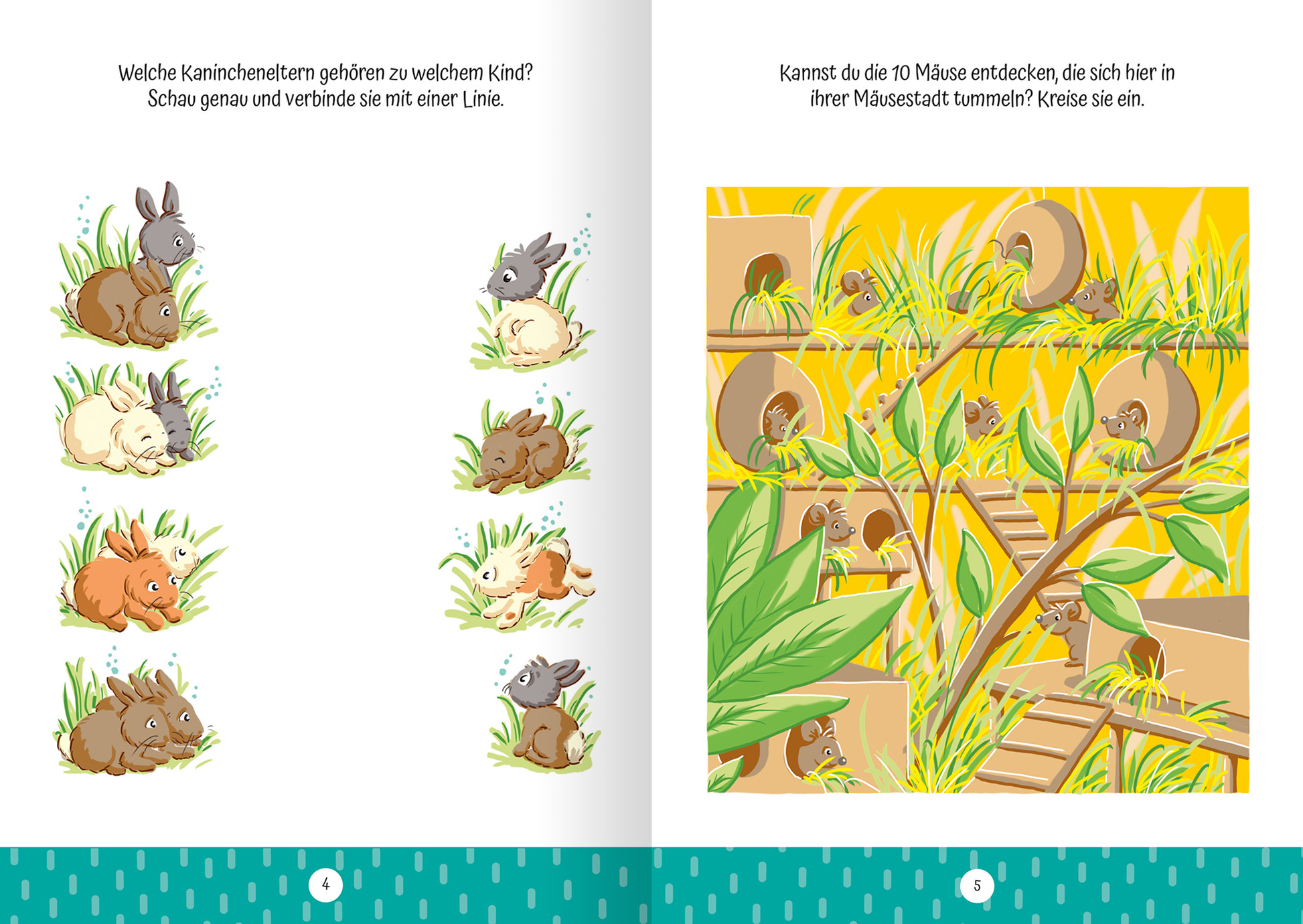 Auf der Innenseite des Buches „Ruckzuck weggewischt! Zoo“ sind zwei Seiten abgebildet. Links befinden sich fünf Gruppen von Kaninchen, die jeweils zu einem jüngeren Kaninchen gehören, angeordnet in sanften Farben. Eine Frage fordert dazu auf, die passenden Paare zu verbinden. Rechts zeigt eine bunte Illustration einer Mäusestadt mit grünen Pflanzen und Rundtunneln. Darunter steht die Aufforderung, zehn versteckte Mäuse zu finden und zu umkreisen. Das gesamte Layout ist freundlich und...